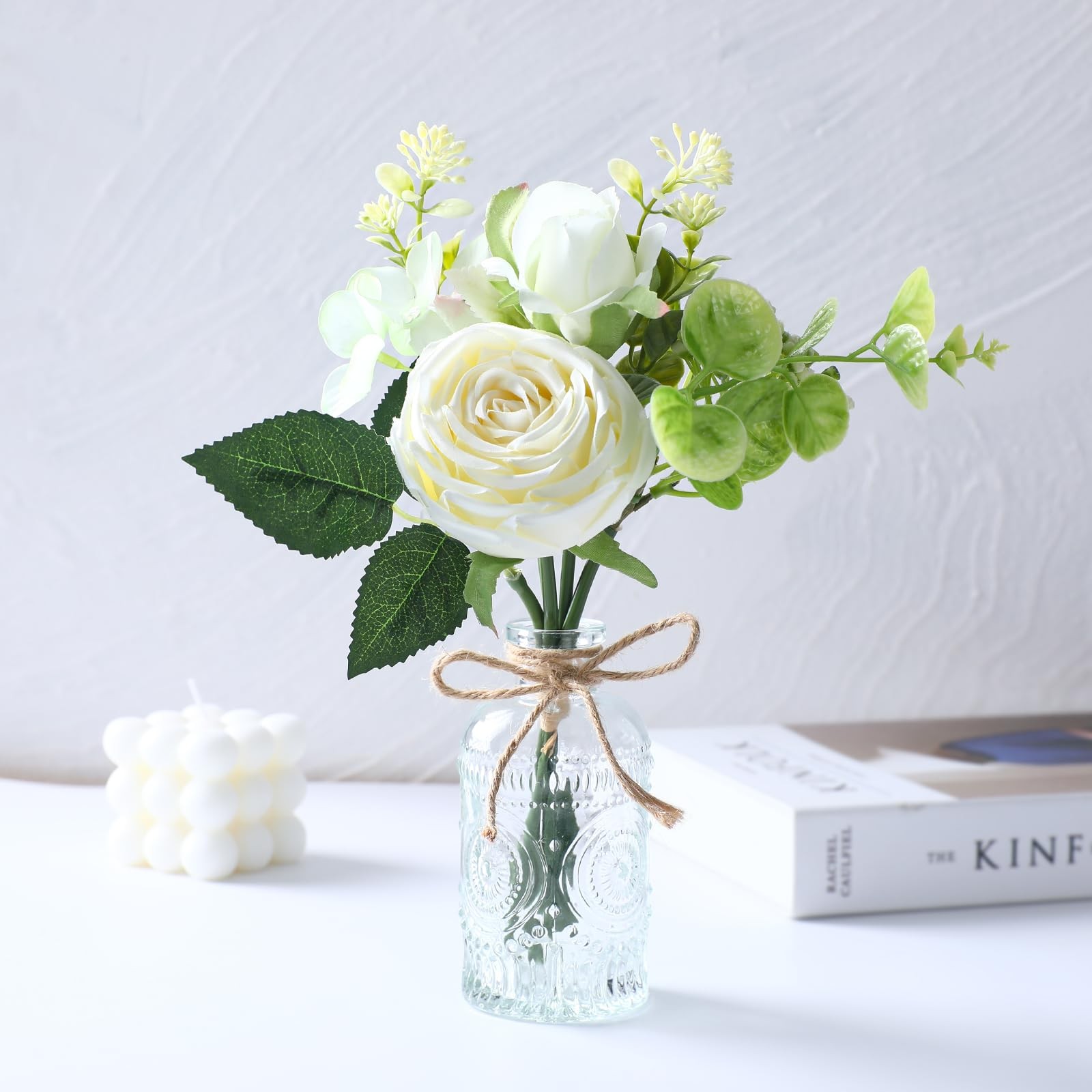 Faux White Silk Rose Flower Arrangement Small Vase Set Table Centerpiece Decor