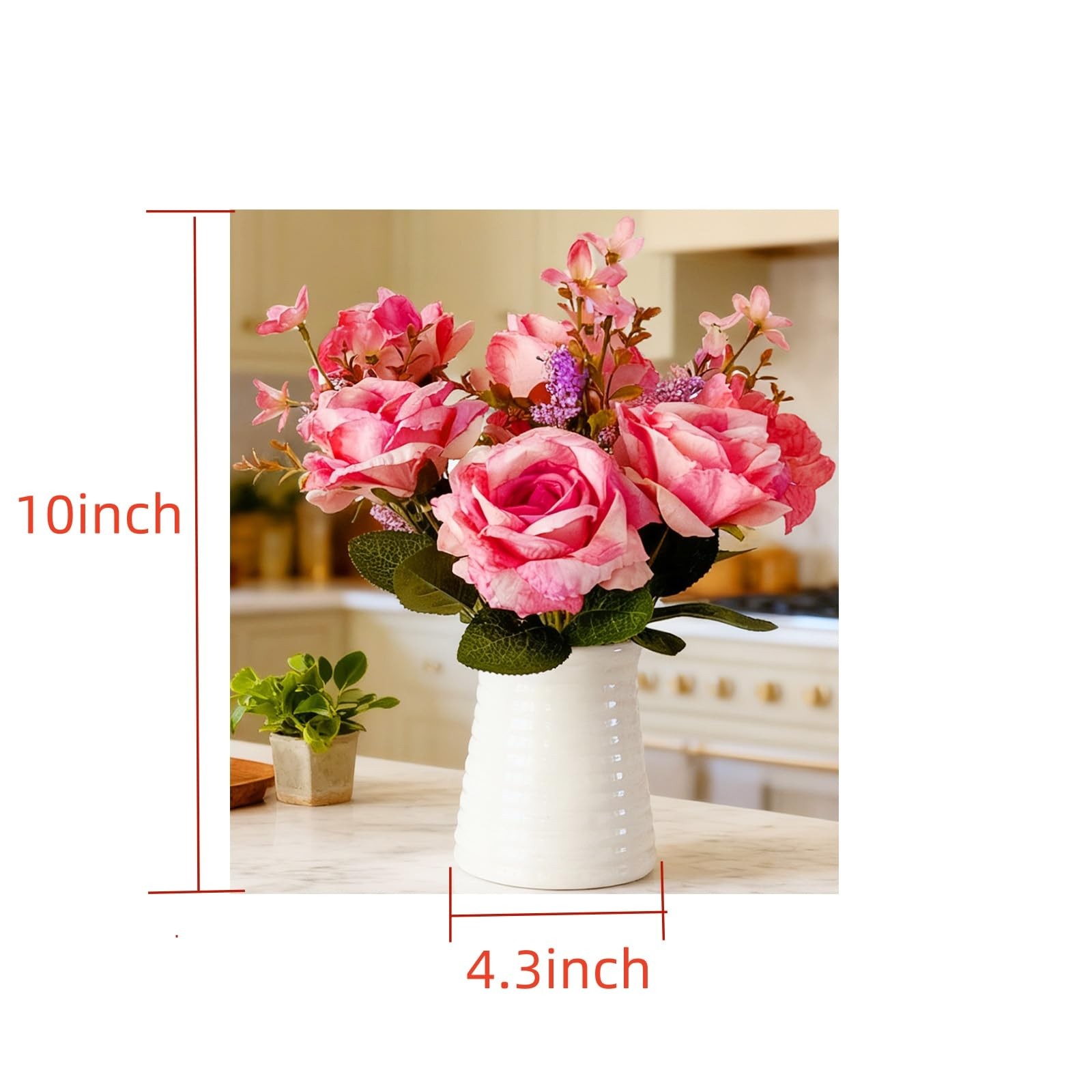 Artificial Rose Arrangement in White Ceramic Vase, Pink Silk Flowers with Fol…