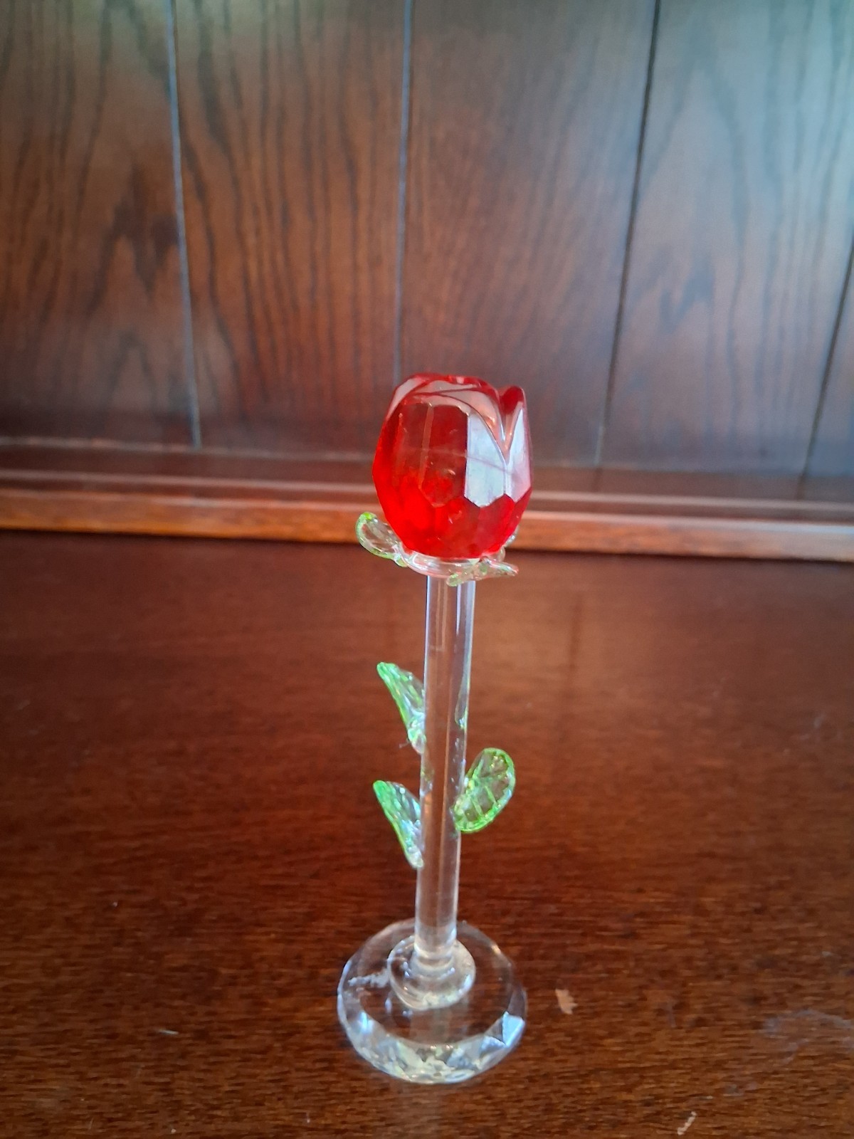 Painted Rosebud With Leaves And Clear Stem And Round Base About 5 Inches Tall