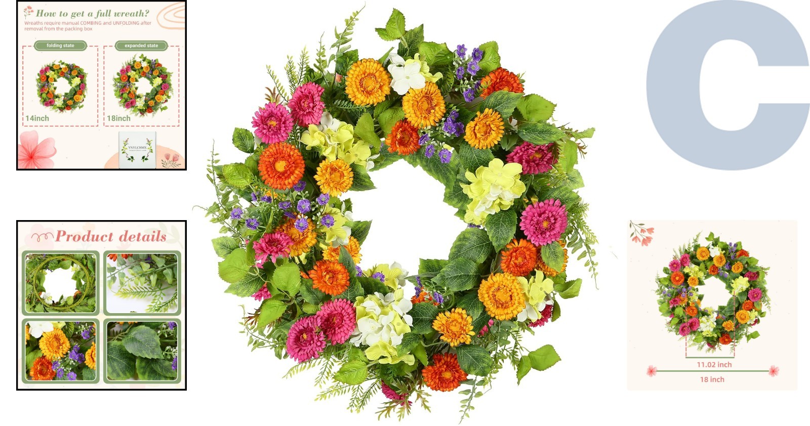 18-Inch Spring Summer Wreath with Colorful Daisies & Green Leaves for Your Door