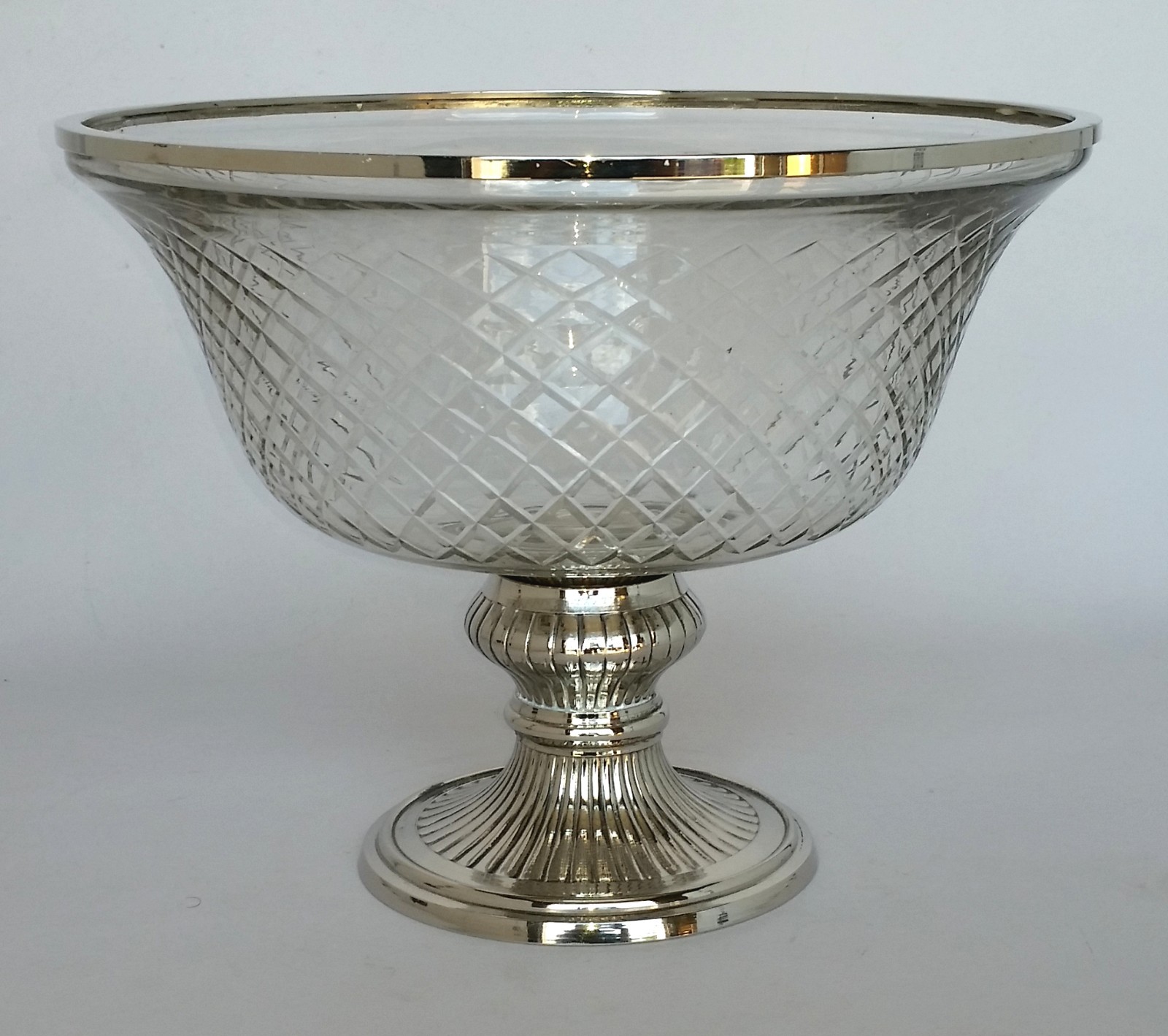 Compote Bowl Vase Silver Plated Brass Base with Mesh Cut Glass 10.5″D 8″High