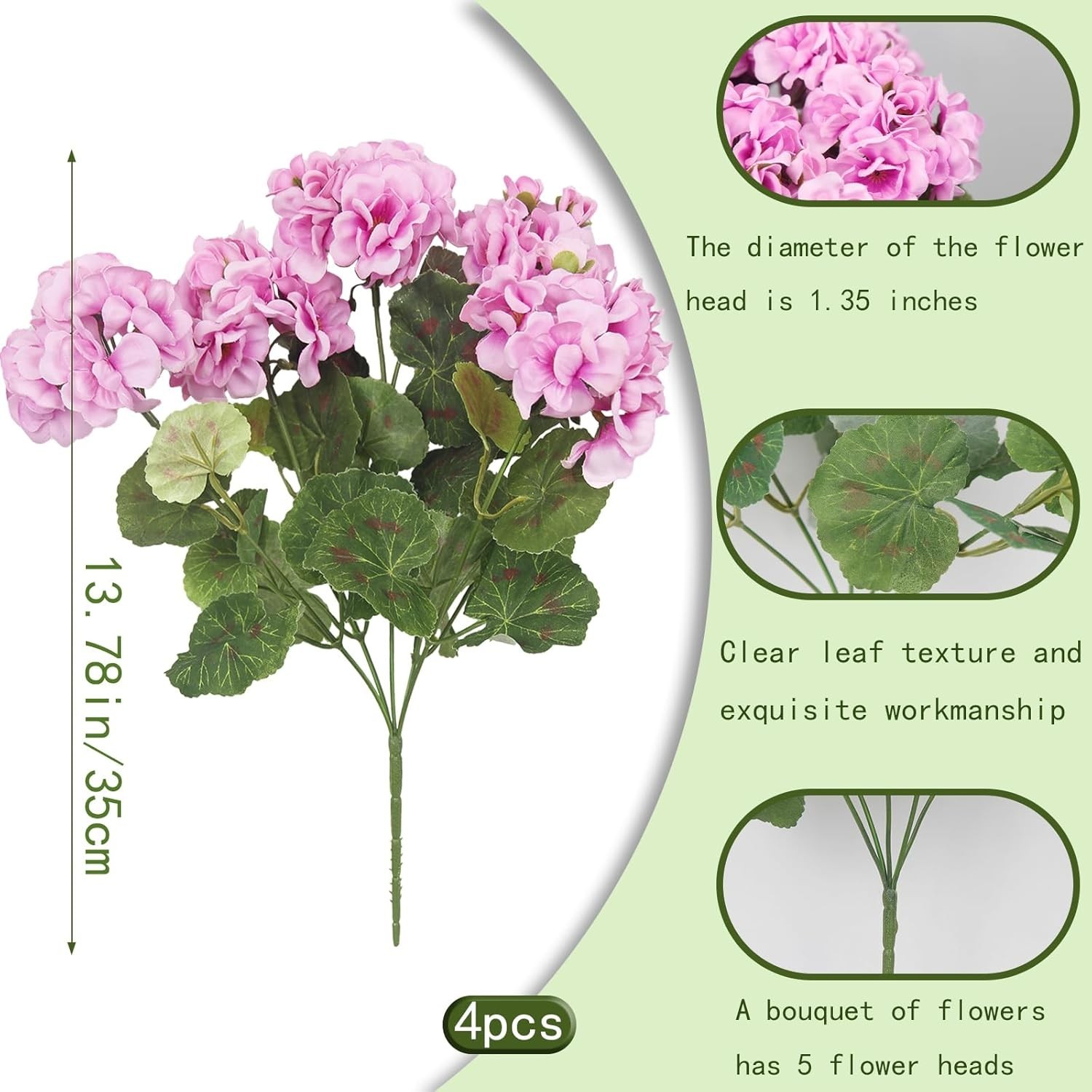 4 Pcs UV Resistant Purple Pink Silk Geranium Flowers for Indoor & Outdoor Decor