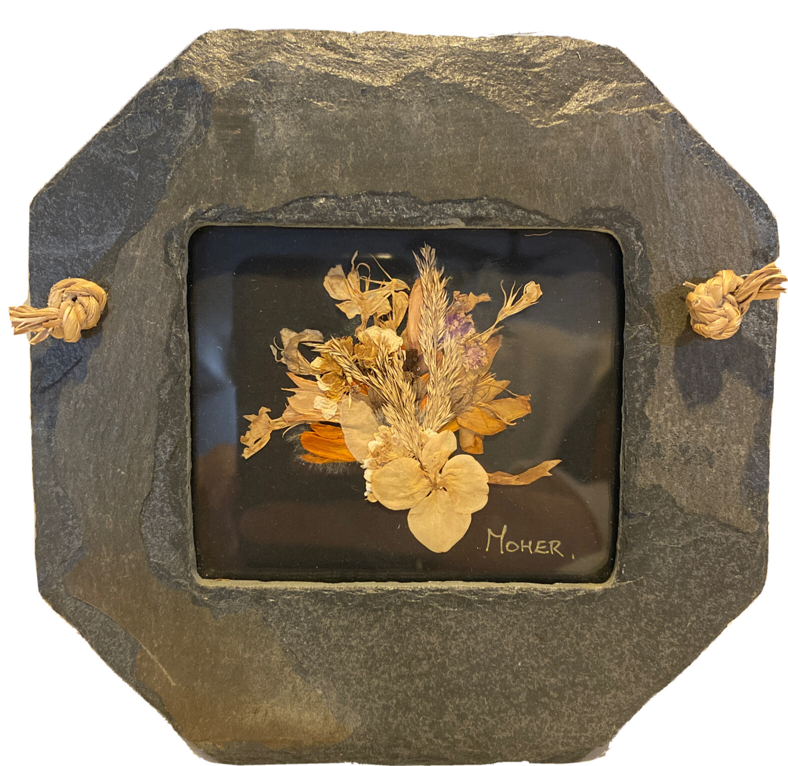 Vintage Pressed Flowers in Slate Frame Signed Moher Small Octagon Earth Elements