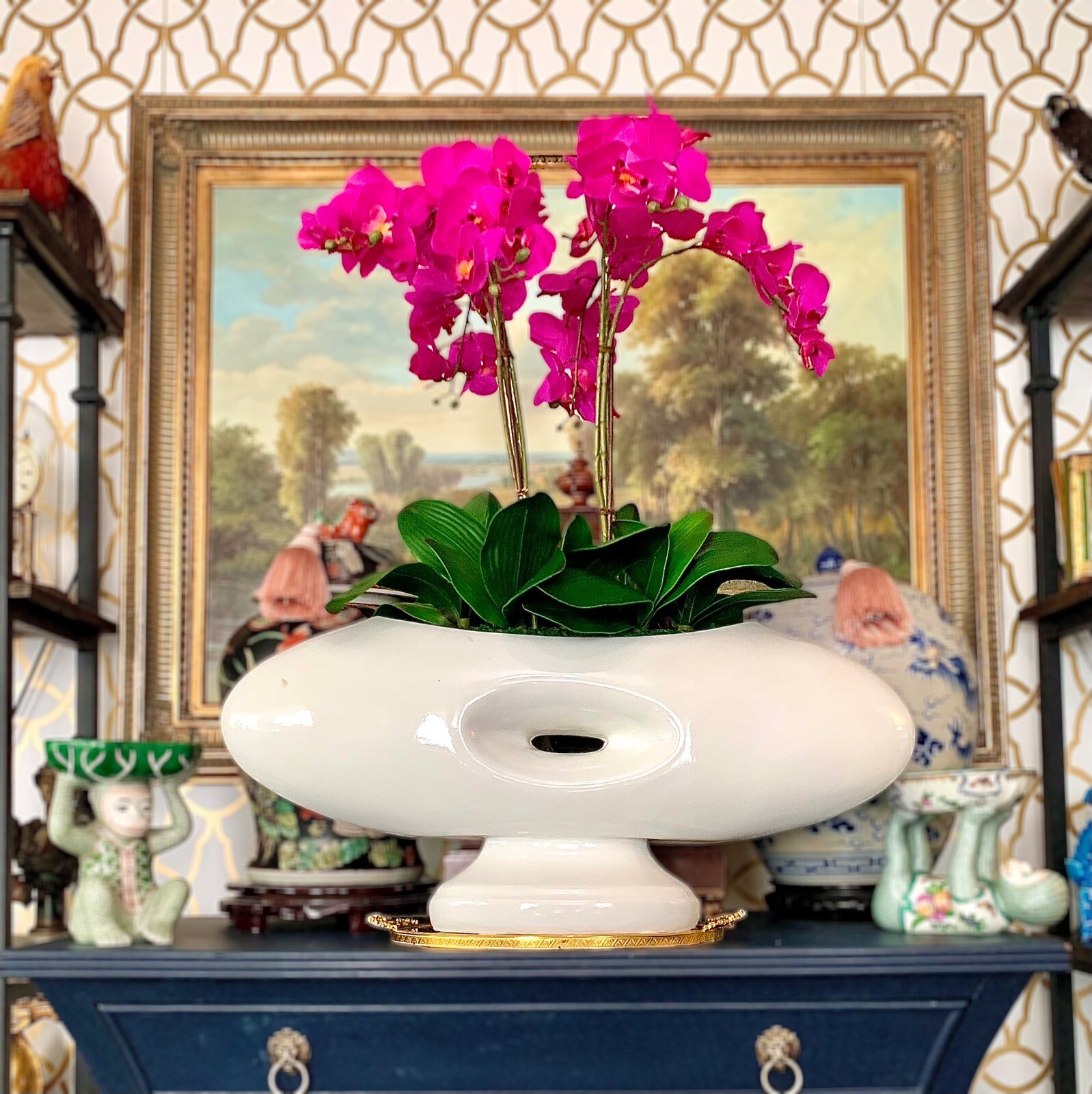 Orchid Arrangement Real Touch and Look Custom Faux Floral in Vintage Container