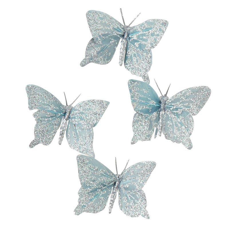 12 Sparkling Blue Feathered 2-3/4″ Butterflies with Silver Glitter