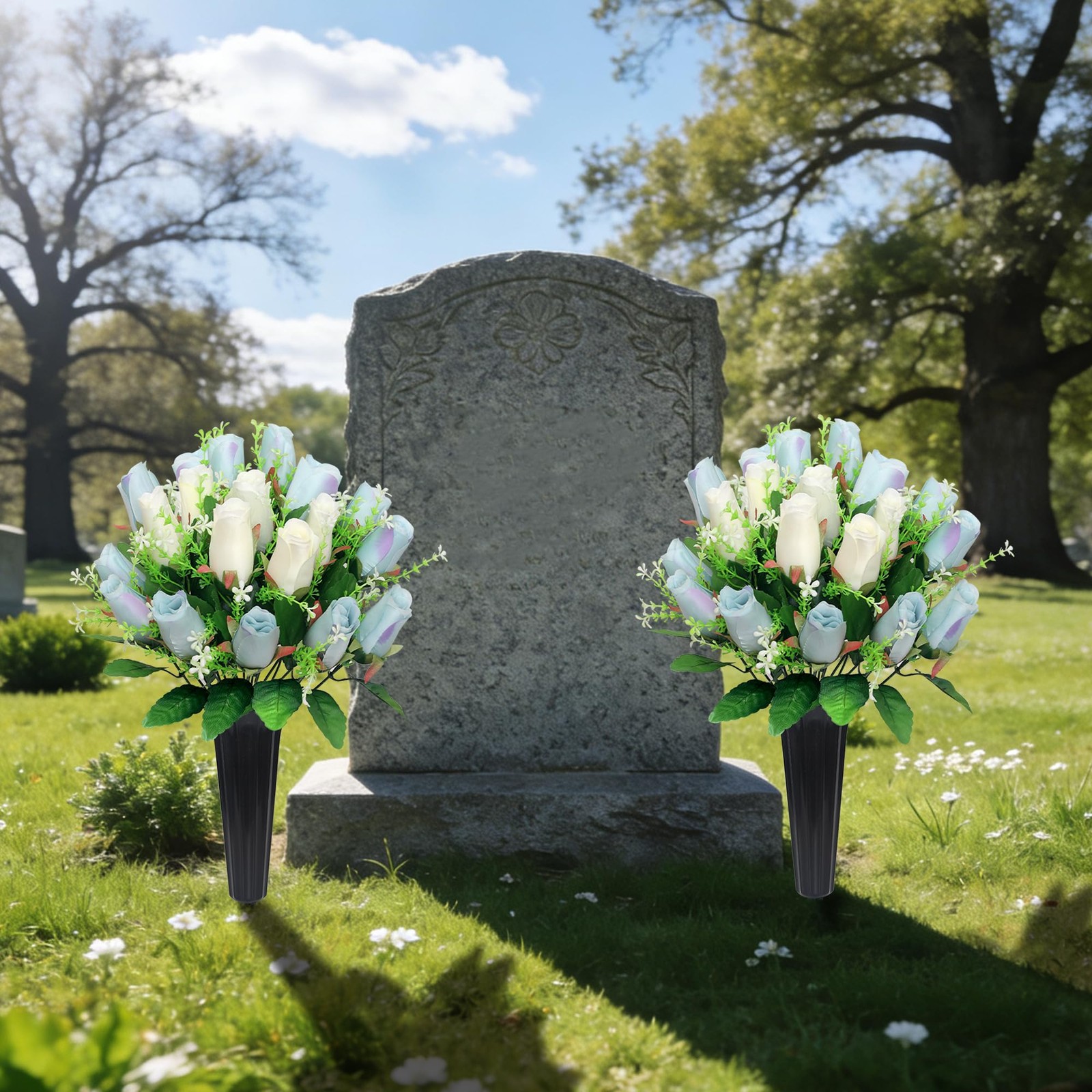 2 Sets Artificial Cemetery Flowers with Vase – Memorial Flowers Bouquet & Hea…