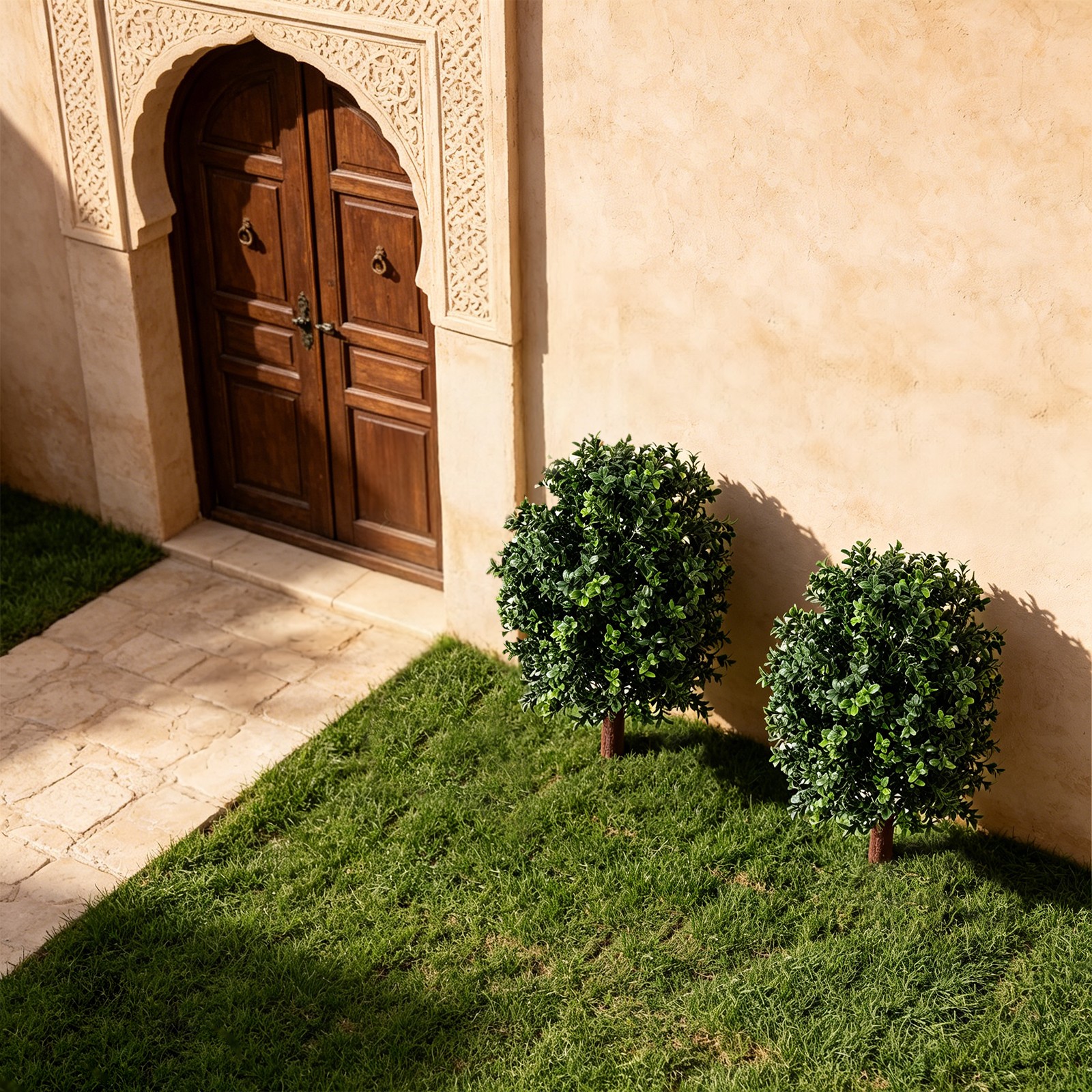 2pcs Artificial Boxwood Topiary Ball Trees 27″ UV with Three-Prong Ground Stakes