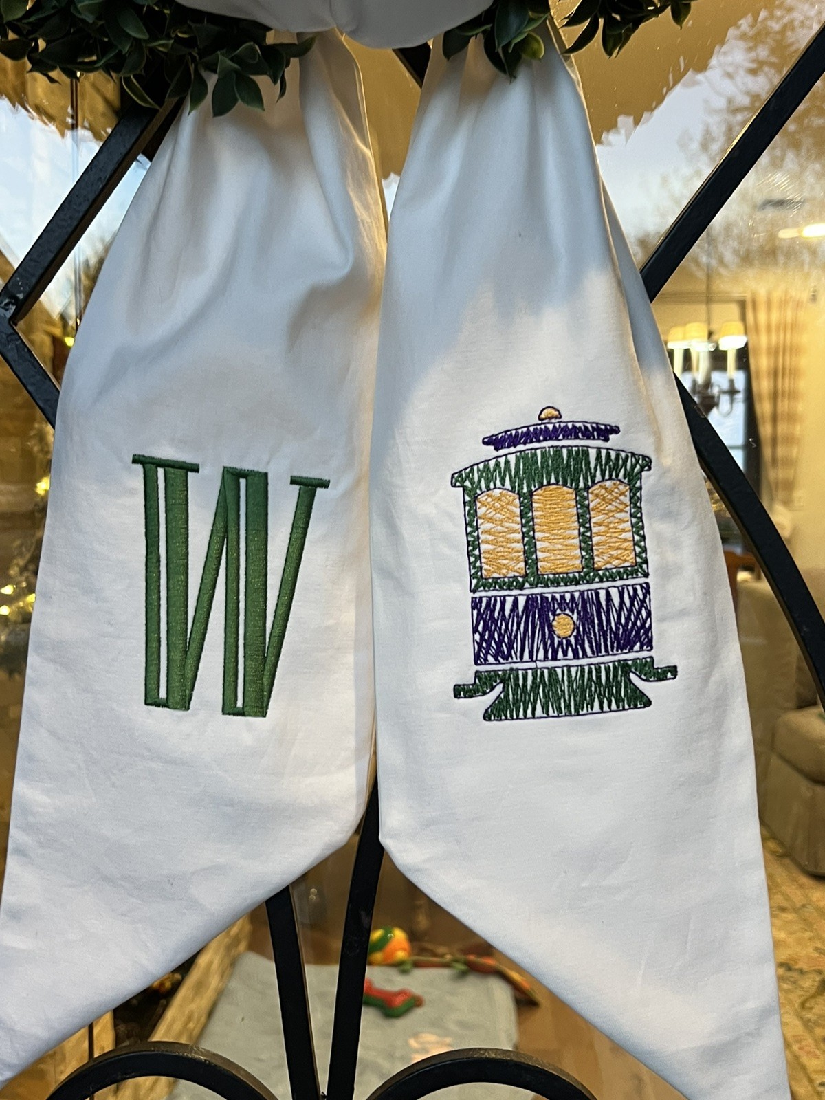 Mardi Gras Custom Wreath Sash, New Orleans Trolly Car with Initial, 6 x 54