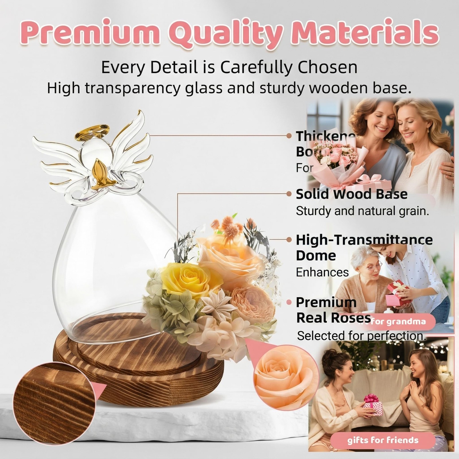 Preserved Flower in Glass Angel Figurines – Forever Flowers in Glass Dome – B…