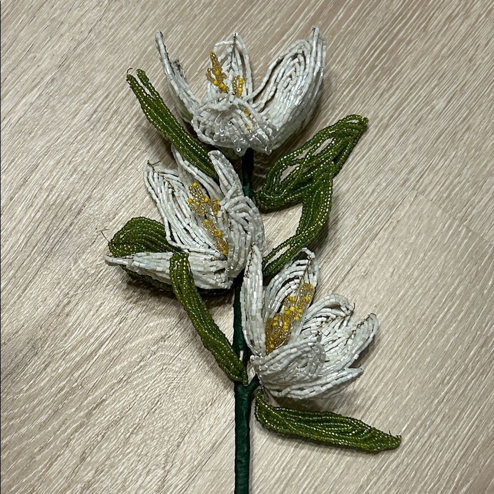 Handcrafted French White Glass Beaded Flower Stem Vintage Inspired Decorative