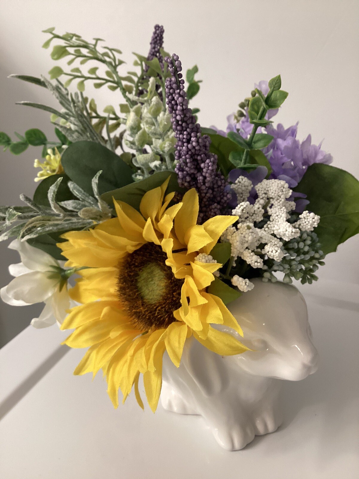 Cottage Ceramic Bunny Floral Decor “French Countryside” Sunflowers & Lavender