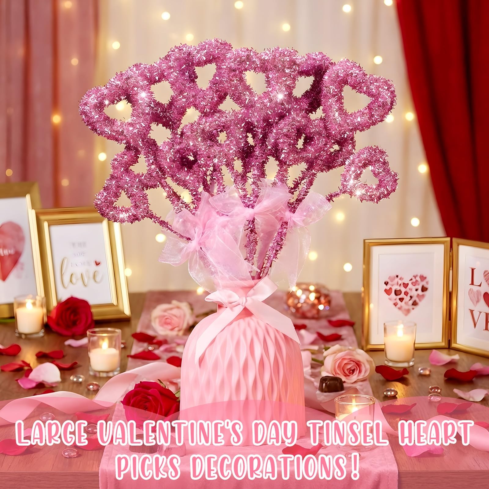 6 PCS 14 Inch Pink Valentine Tree Topper Glitter Tinsel Heart Picks Decor