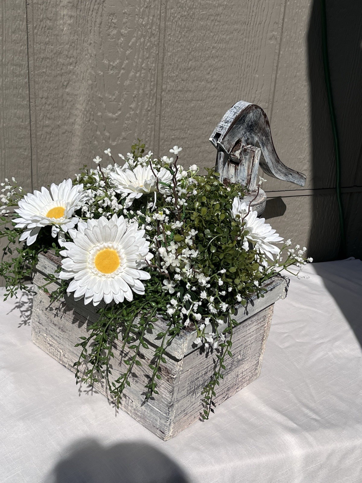 Rustic Wood Water Pump Planter Box w/ Artificial Greenery Daisy Farmhouse Decor