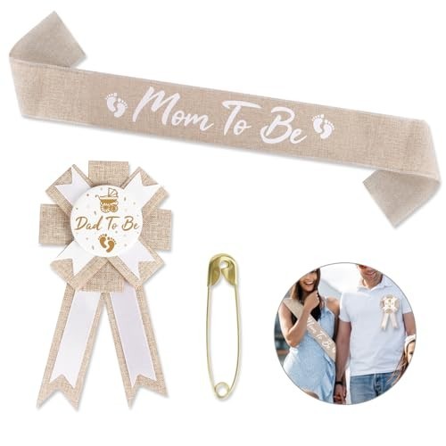 Rustic Boho Mom to Be Sash & Daddy to Be Badge Pins for Baby Shower Gender Revea