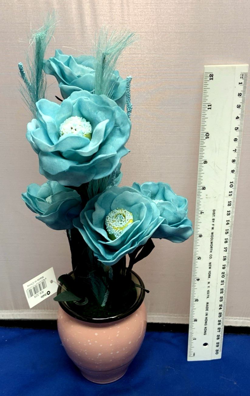 14″Aqua Blue 3″ Open Roses Artificial Silk Flowers Teal in Pink ceramic Vase