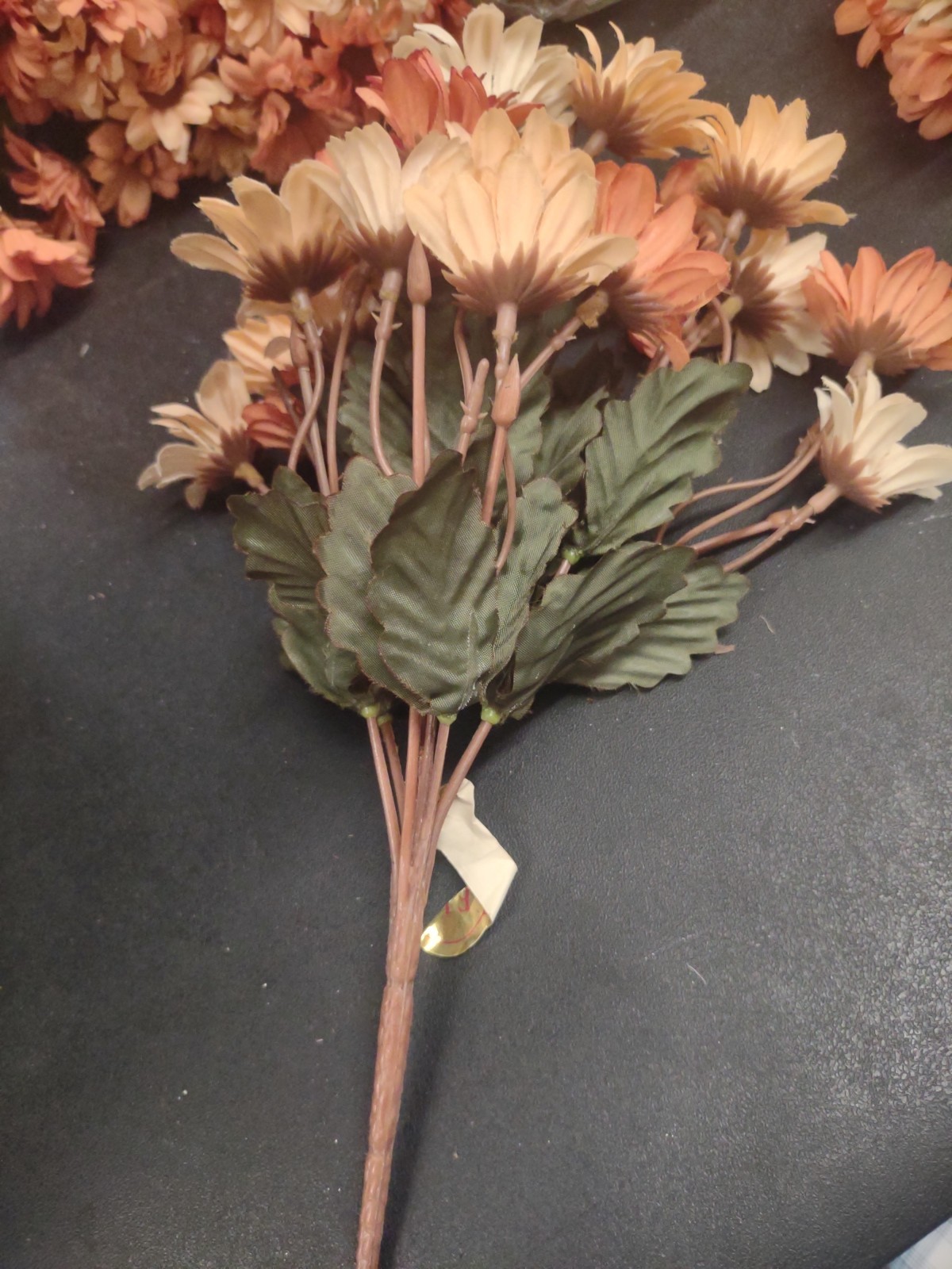 10″ Vintage Silk Mini Daisy Bush, 9 Stems, Caramel, Cream, & Peach Fall Daisies