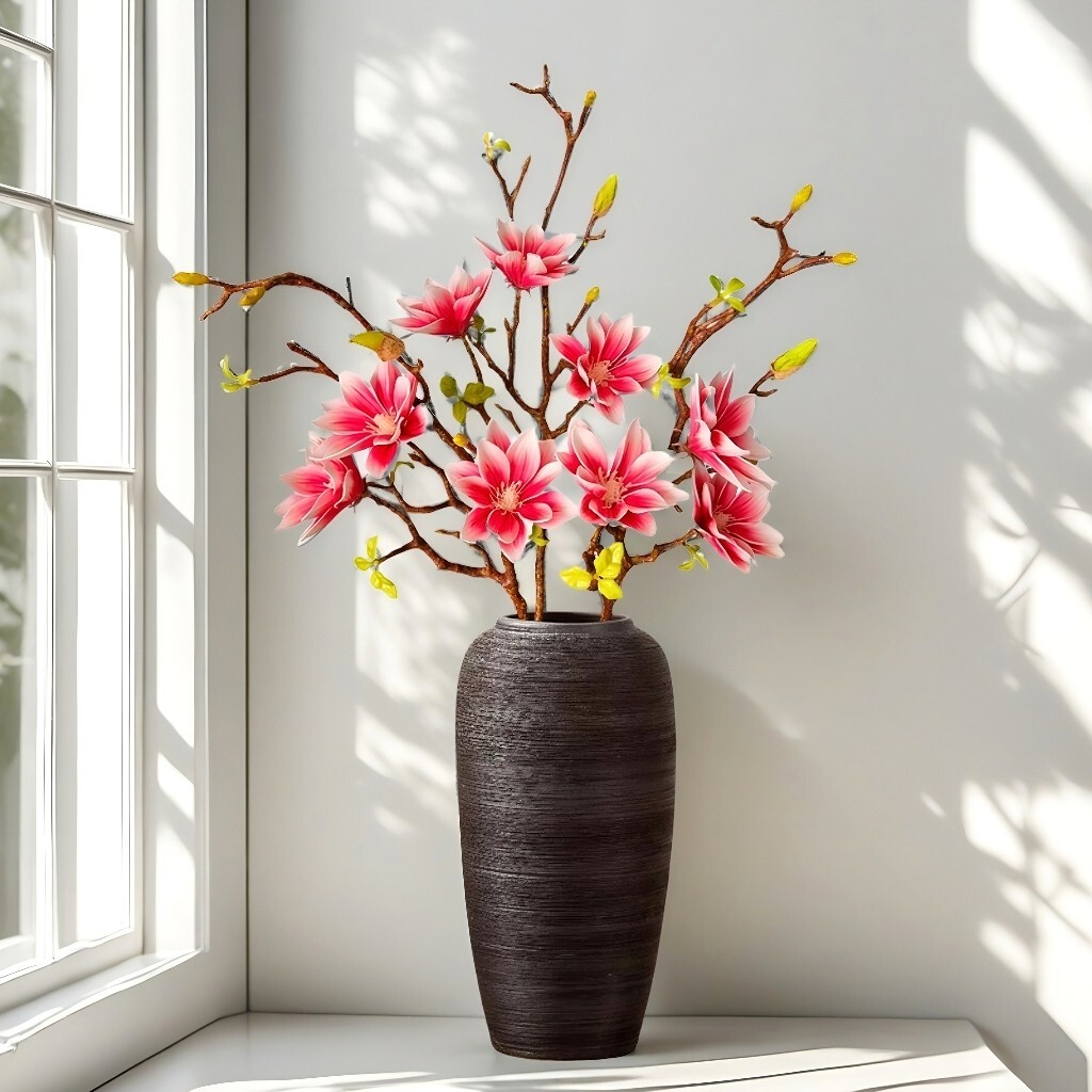 3Pcs-Artificial Magnolia Flowers, 9 Blooms, Long Bendable Stems for Décor