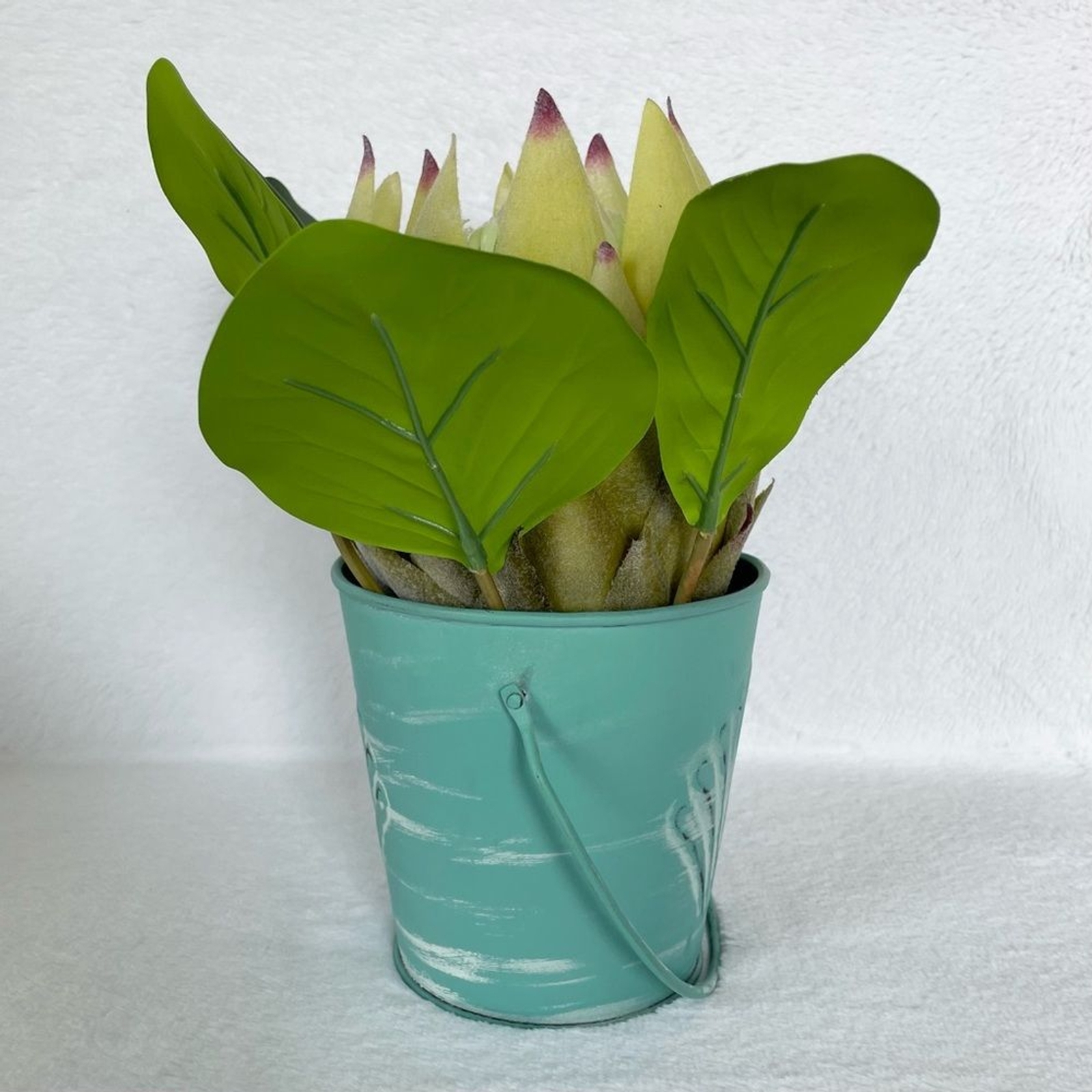 Handmade Artificial Protea in Seashell Bucket Floral Arrangement Beach Decor