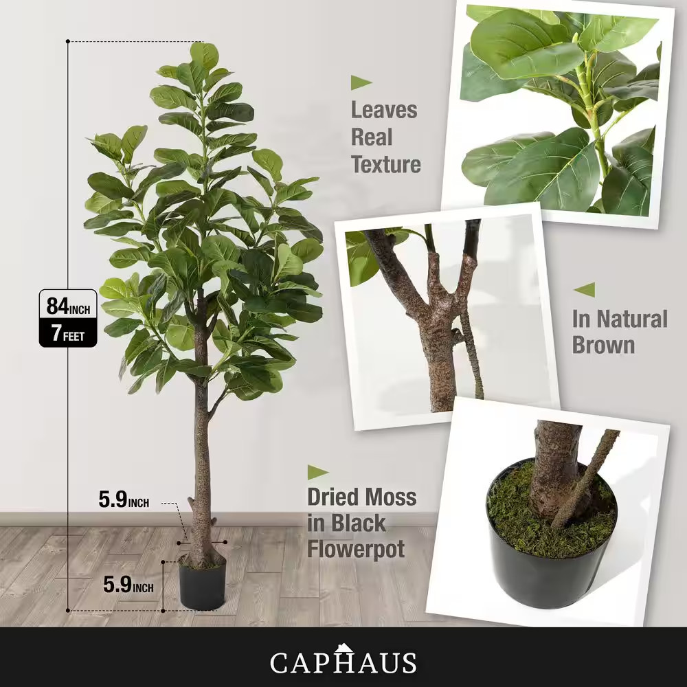7 Ft. Green Artificial Fiddle Leaf Fig Tree with Dried Moss in Pot, Ficus Lyrata