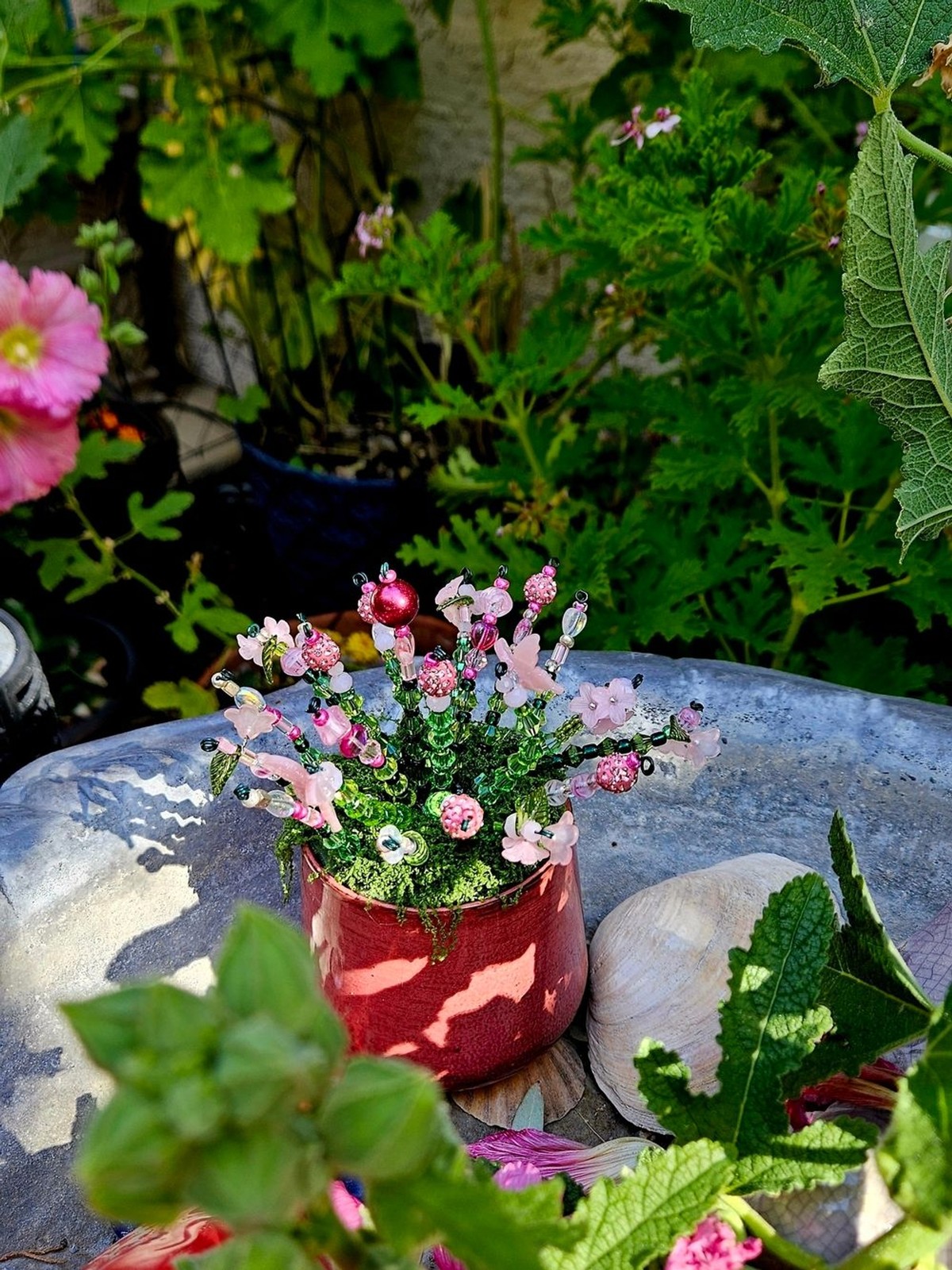Pink Beaded Floral Accent Pot – Decorative Home Accent