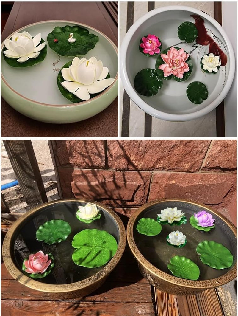 7 PCS Artificial Floating Foam Lotus Flower with Water Lily Pad, Lifelike Orname
