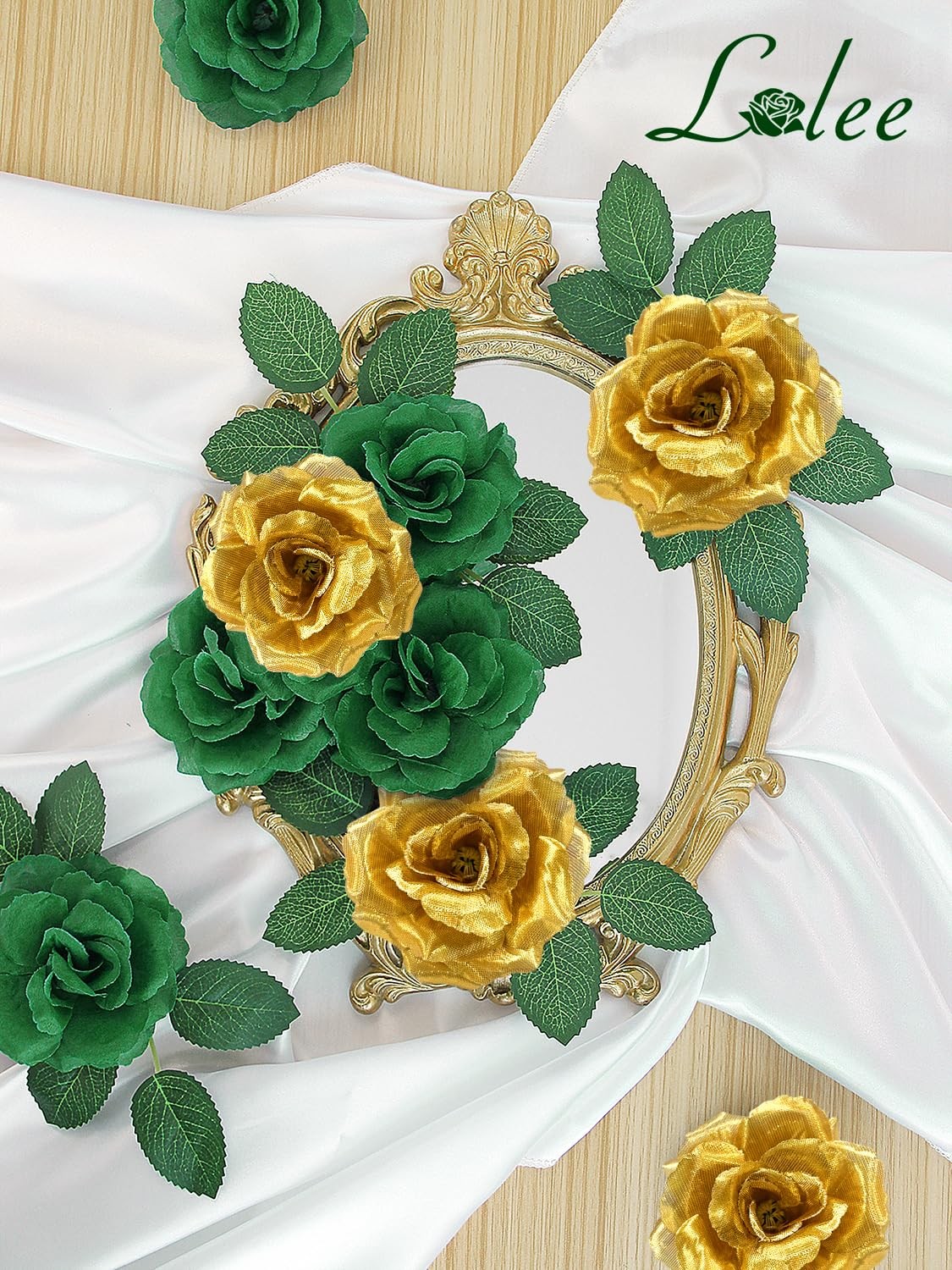 108pcs Roses Head Flowers with Stem – Emerald Green Gold Artificial Flowers R…