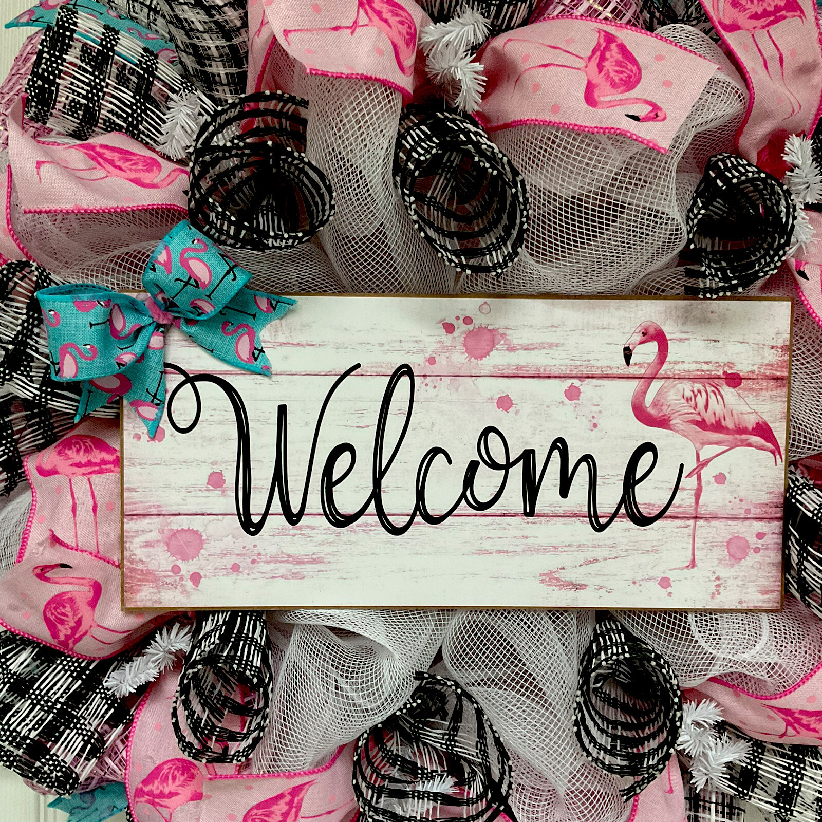 Flamingo Welcome Handmade Deco Mesh Door Wreath
