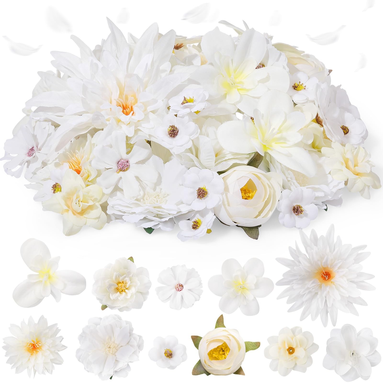 Fake Flower Heads 80 PCS Assorted White Mini Daisy Peony Rose for Crafts