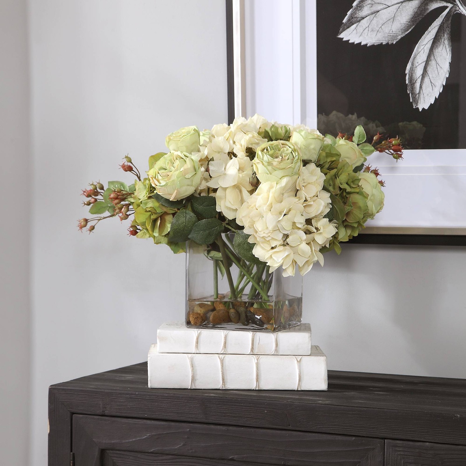 Potted Faux Artificial Flowers Realistic Cream Hydrangea Rose in Vase Home Decor