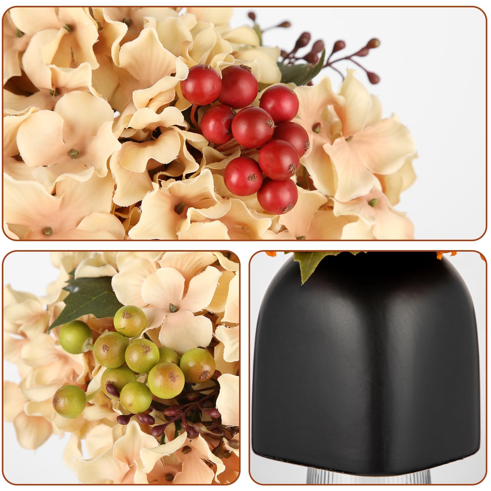 Hydrangea Artificial Flowers in Ceramic Black Vase, Beige Silk Hydrangea Cent…