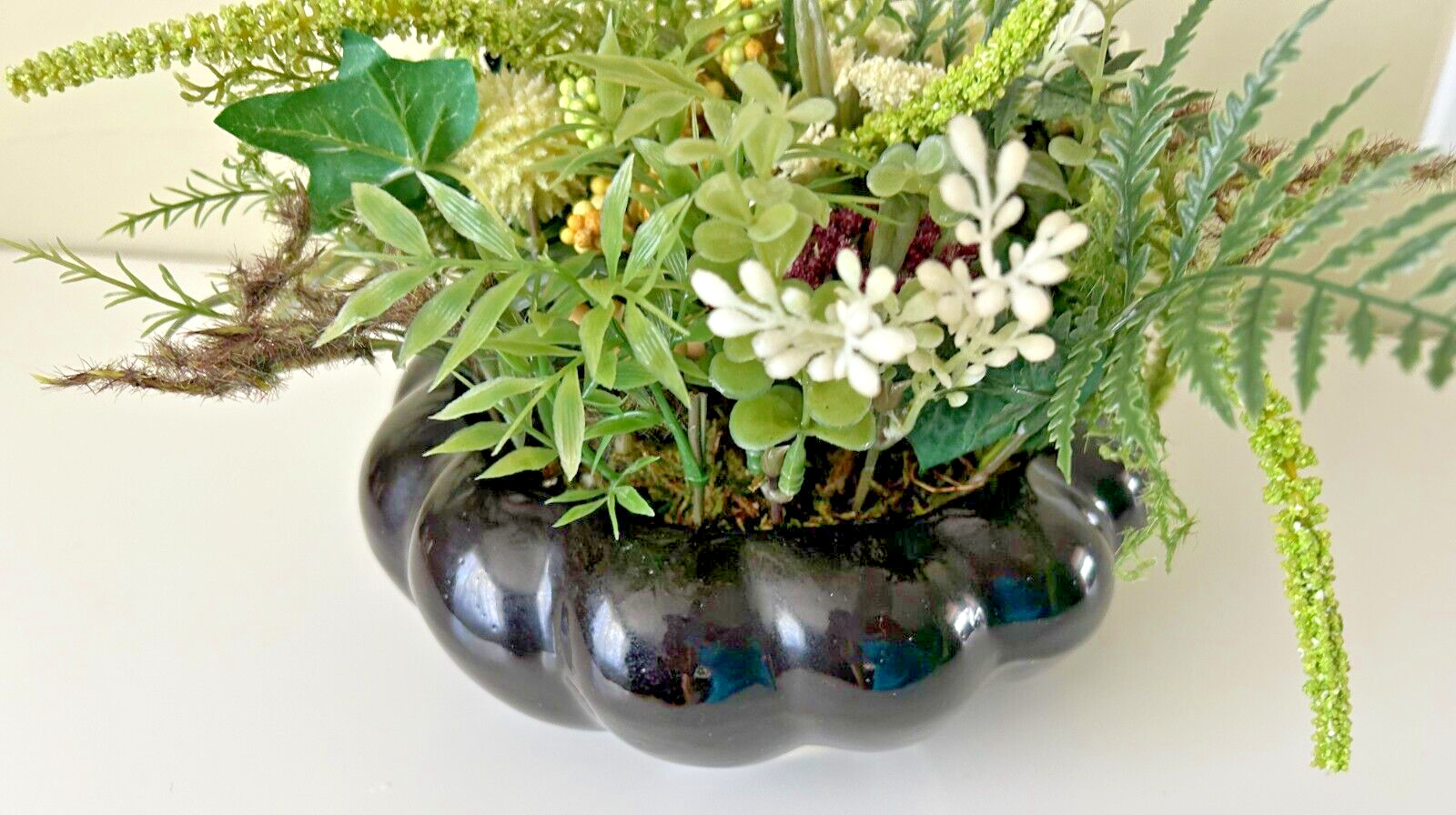 Black Bowl with Artificial Faux Greenery Decor 8x8x8