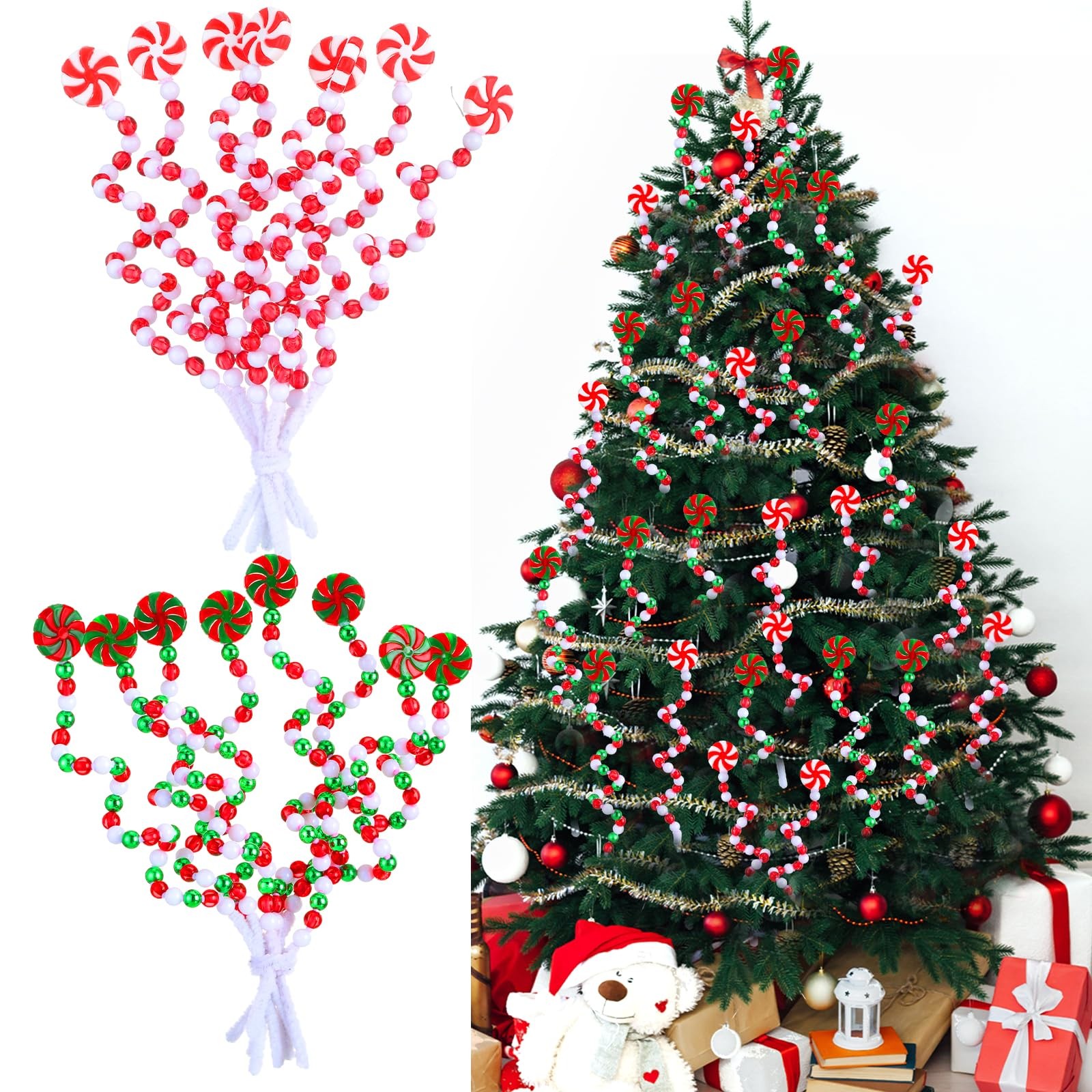 32 PCS 8.7 Inch Red Green White Candy Christmas Tree Picks Curly Ornaments