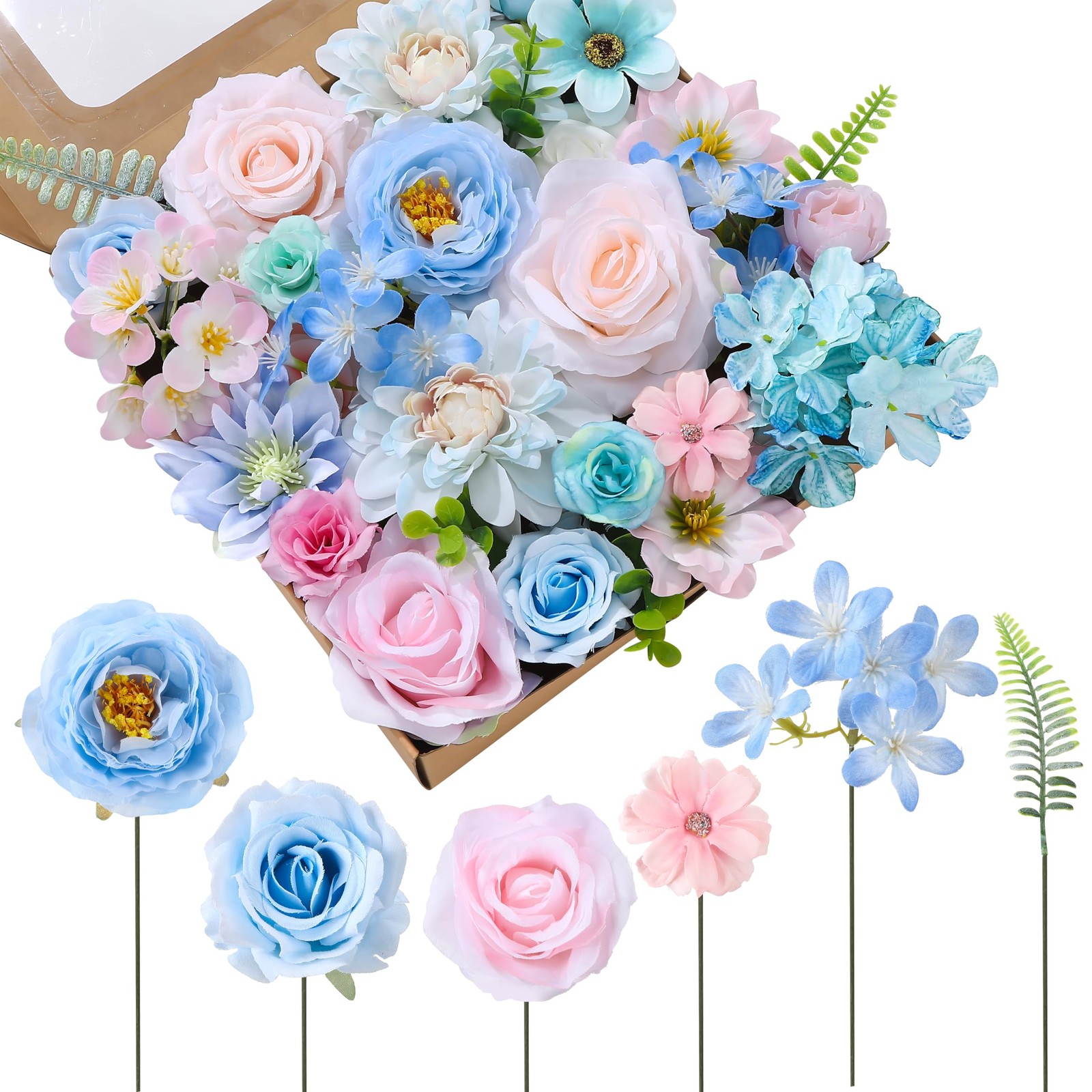 Blue, Pink, Green Artificial Flowers Combo Box Fake Silk Roses with Stems Hyd…