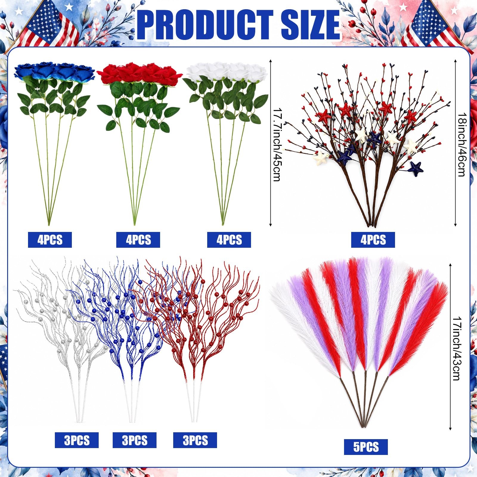 30pcs Patriotic Artificial Flower, Red White Blue Faux Roses with Star Picks …