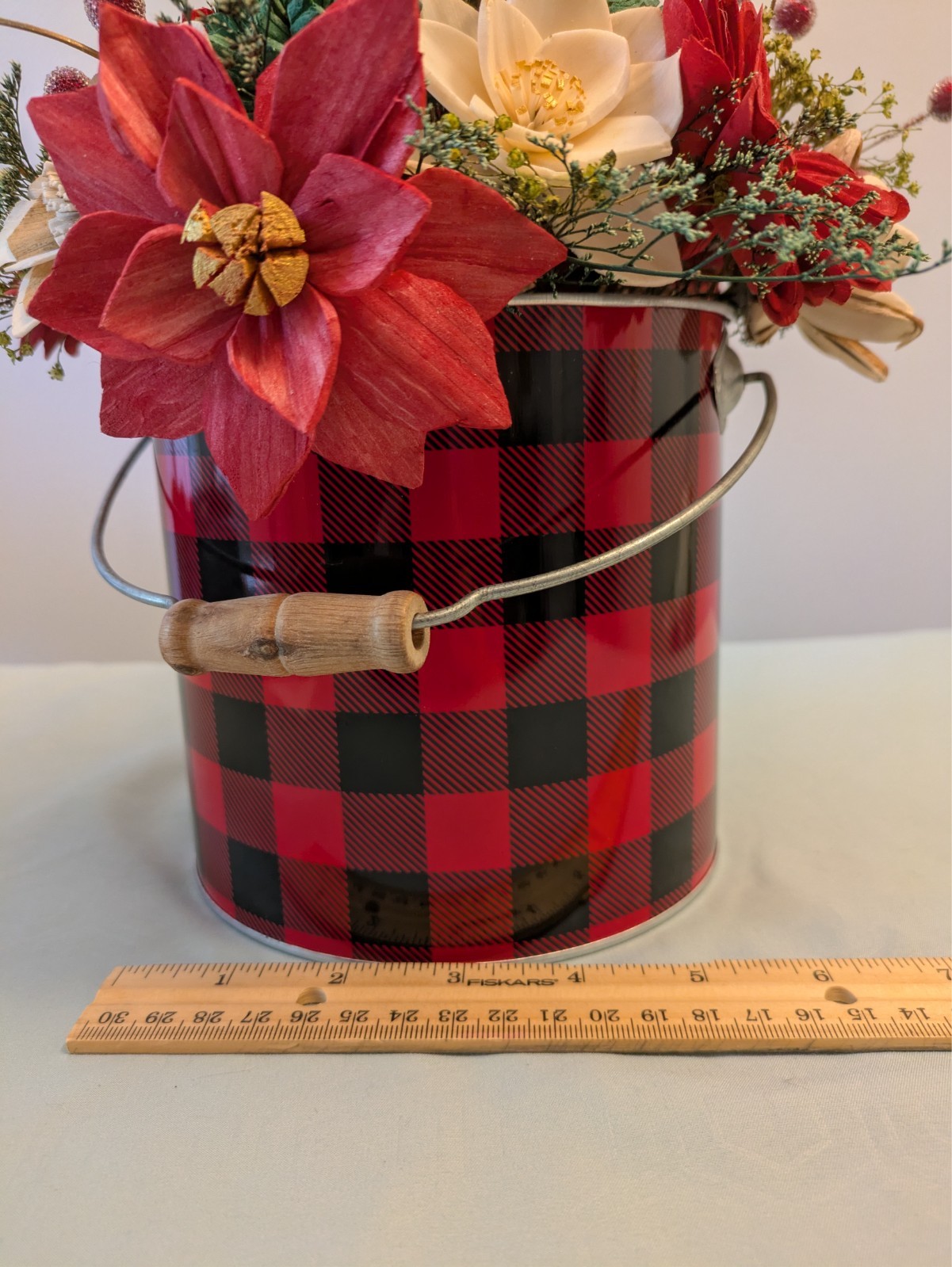 Sola Wood flowers large Christmas arrangement in red plaid tin can- hand made