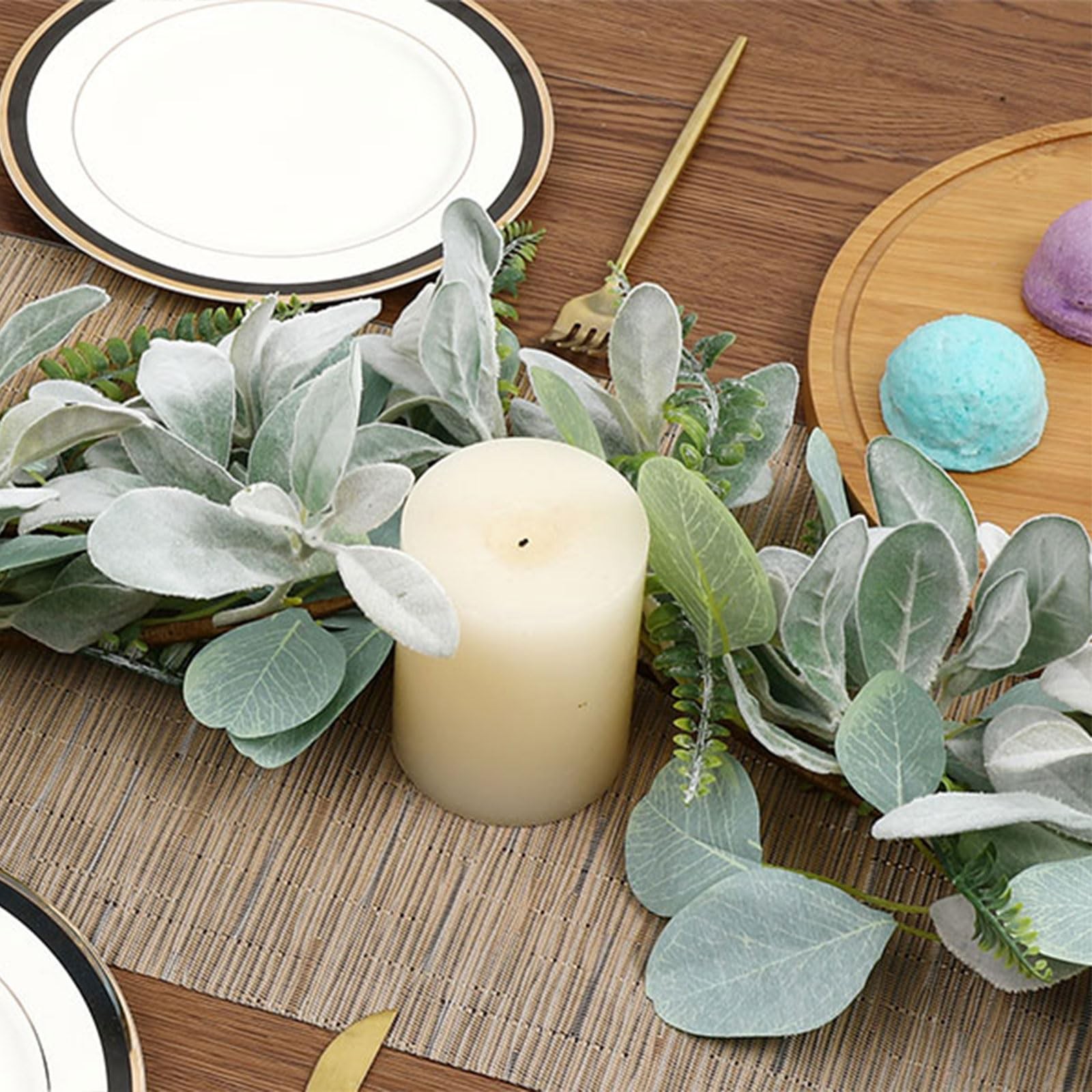 2 Pack 11.8 ft Artificial Flocked Lambs Ear Garland Eucalyptus Fern Leaves Gr…