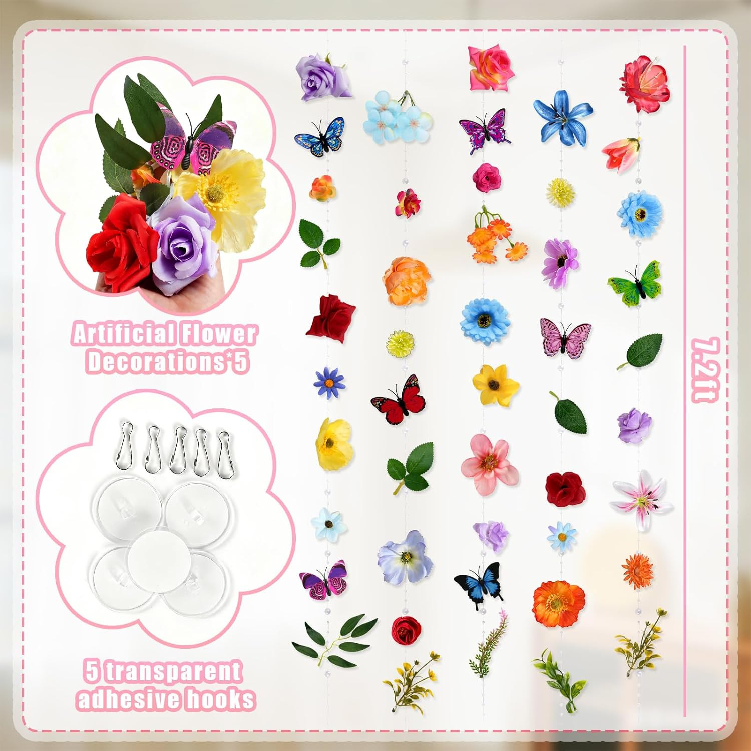 36 Ft Artificial Flower Garland with Butterflies for Event Decor – 5 Pack