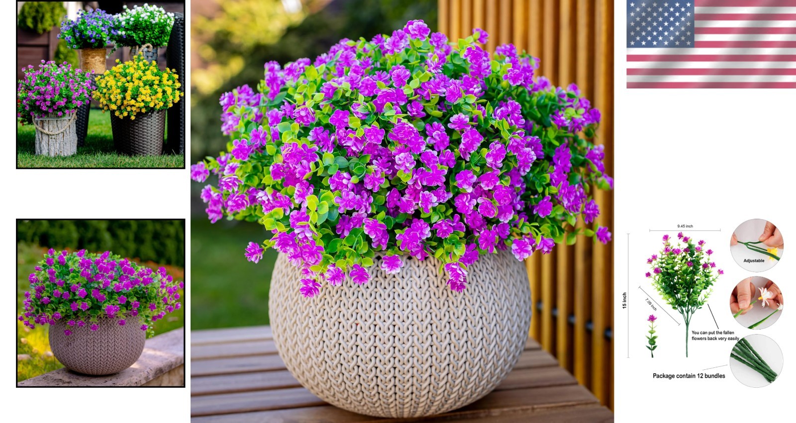 Outdoor Faux Plants – 12 Bundles of Mgenta Flowers for Porch & Patio Privacy
