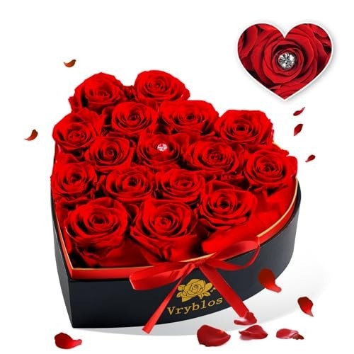 16 Preserved Red Roses in Heart Box – Real Immortal Flowers for Gifts & Home Dec