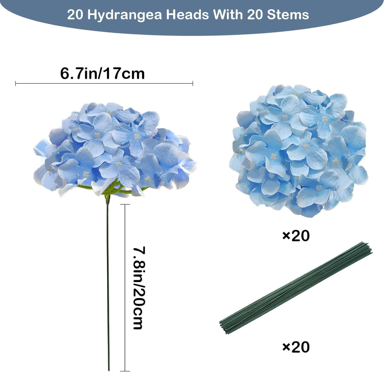 20 Pcs Blue Hydrangea Artificial Flowers Bulk, Faux Hydrangea Flowers Heads, Art