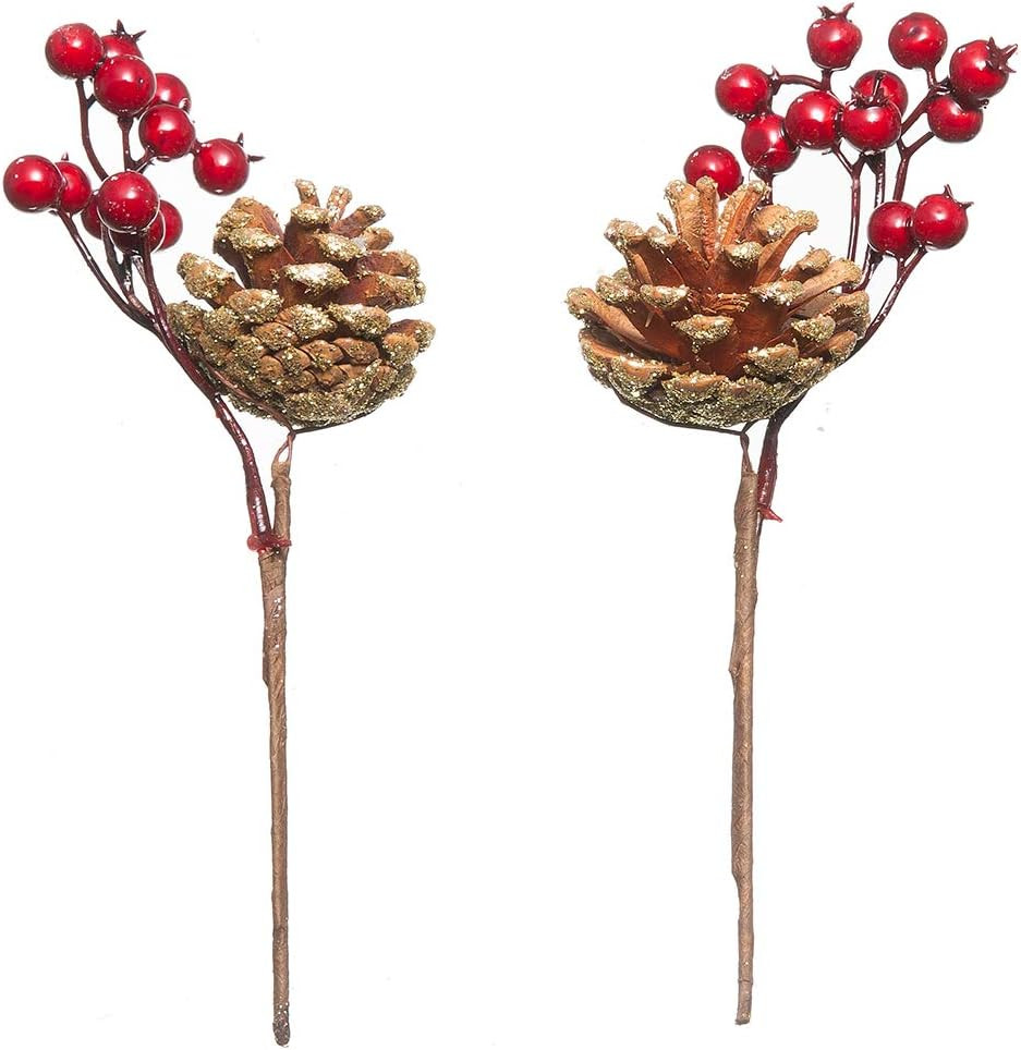 Christmas Tree Picks Red Berry Pine Cones Holly Leaves Floral Stems 20 Pack