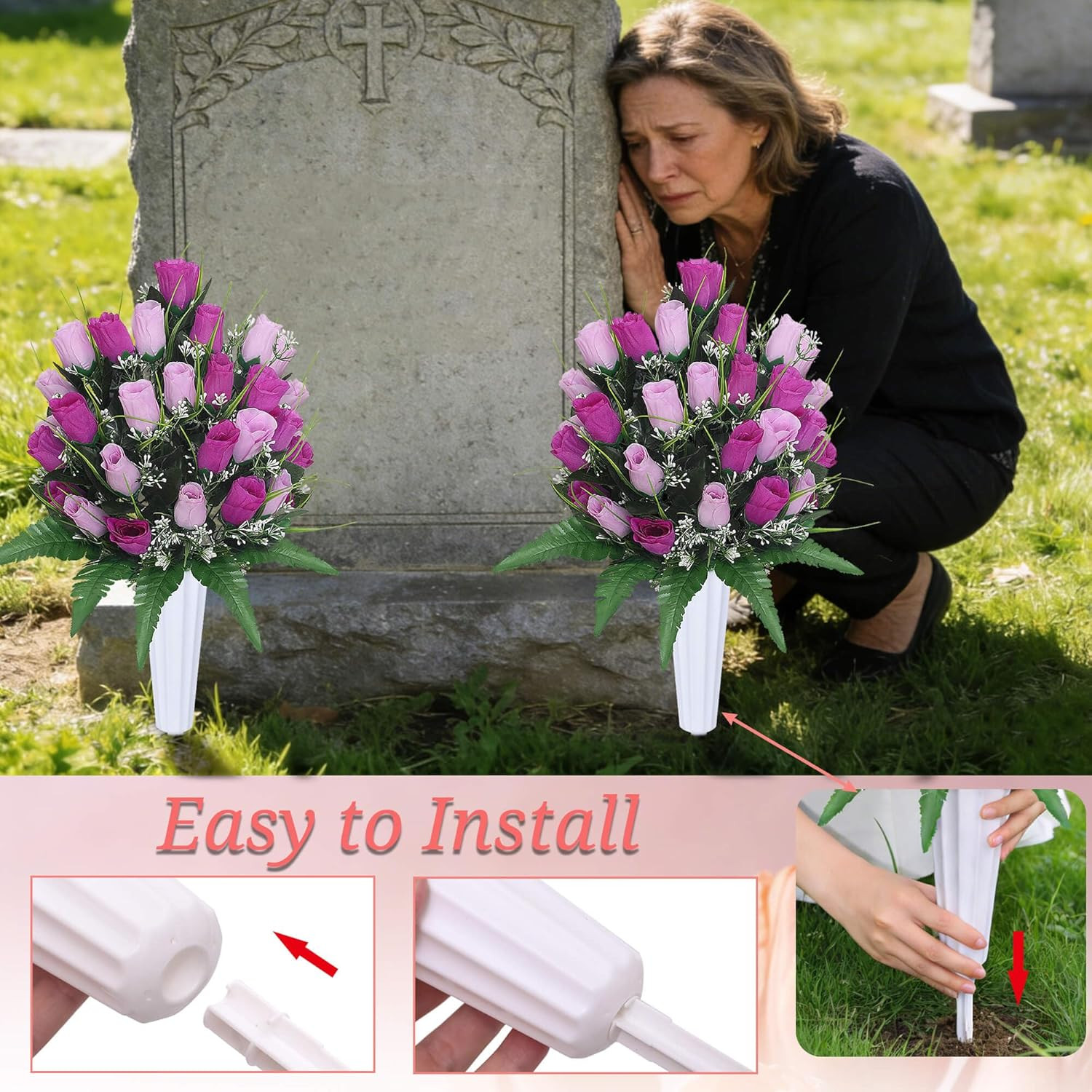 Artificial Cemetery Flowers with Vases 2 Sets Memorial Rose Bouquets for Outdoor