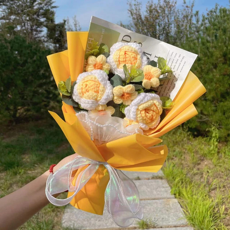 Finished Knitted Sunflowers Crochet Bouquet Creative Flowers Valentine Gifts