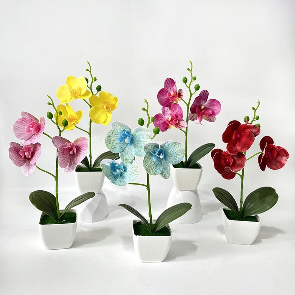 Artificial Phalaenopsis Orchid in White Square Pot for Home Office Decor