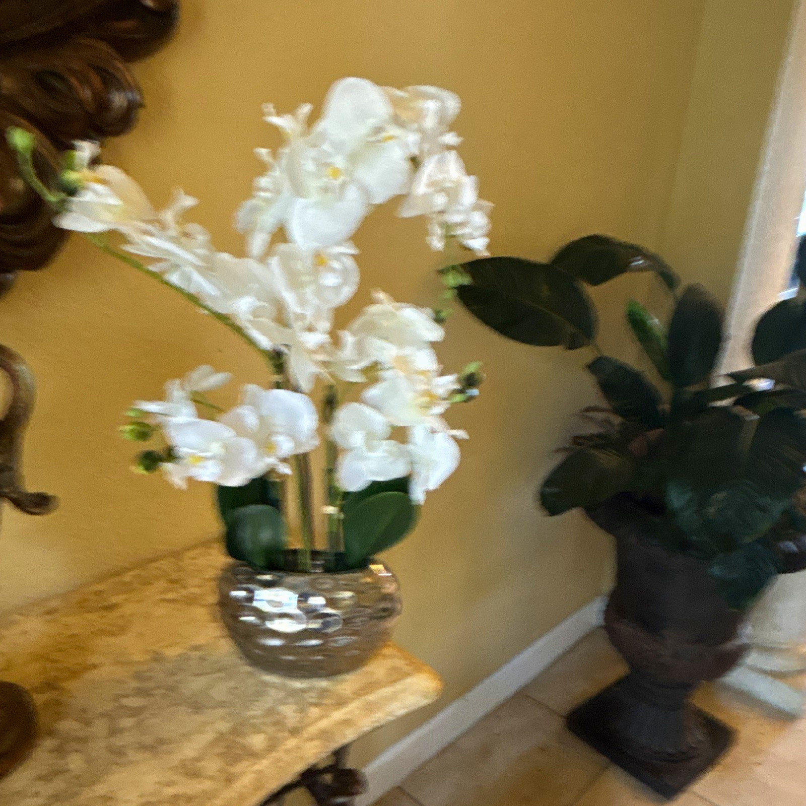 Artificial White & Green Orchid Flower Arrangement in Silver Vase Centerpiece