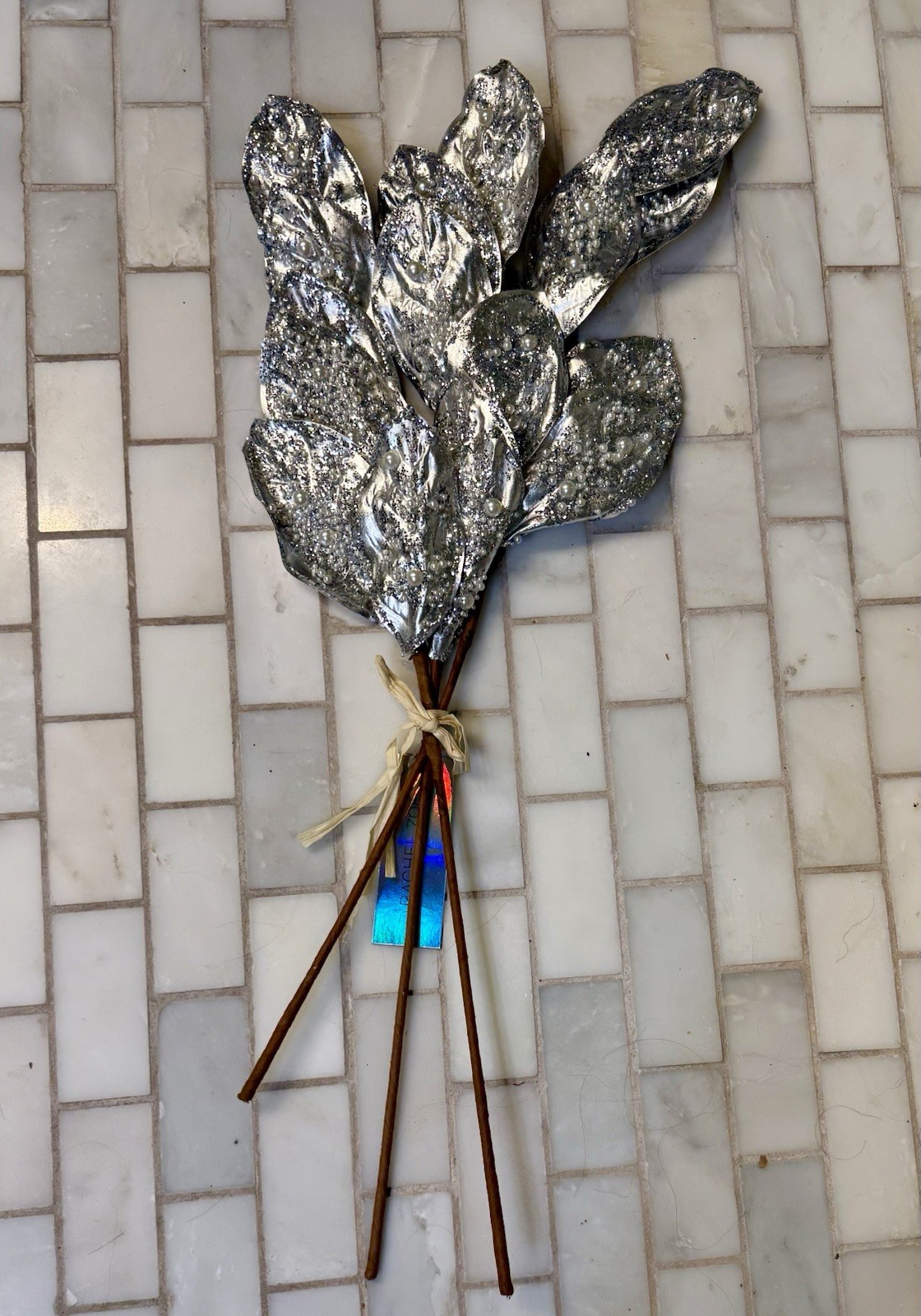3 Rachel Zoe Glitter & Pearl Beaded Silver Leaf Floral Stems Tree Picks, 26”