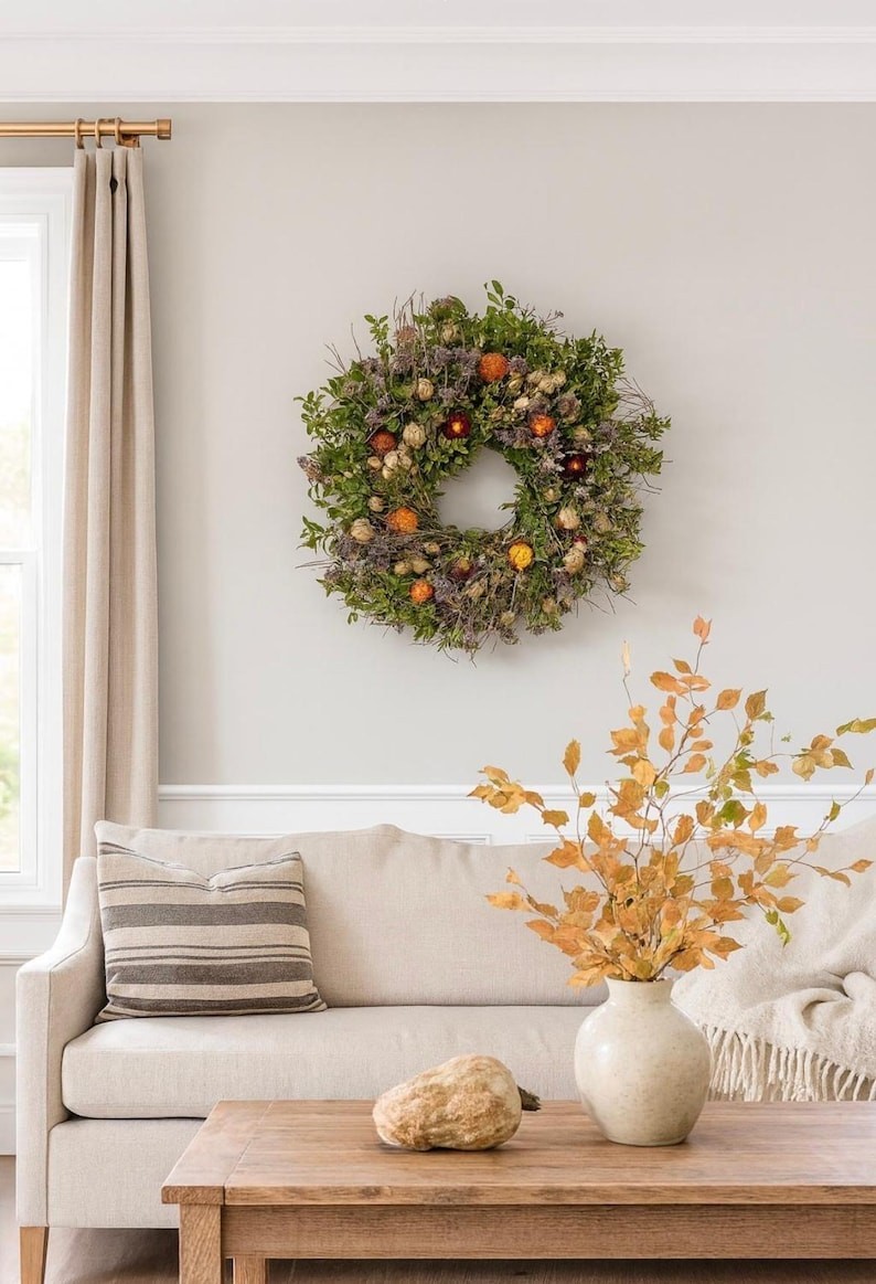 Golden hour blooms dried flower wreath. Wonderful Spring summer and fall natural