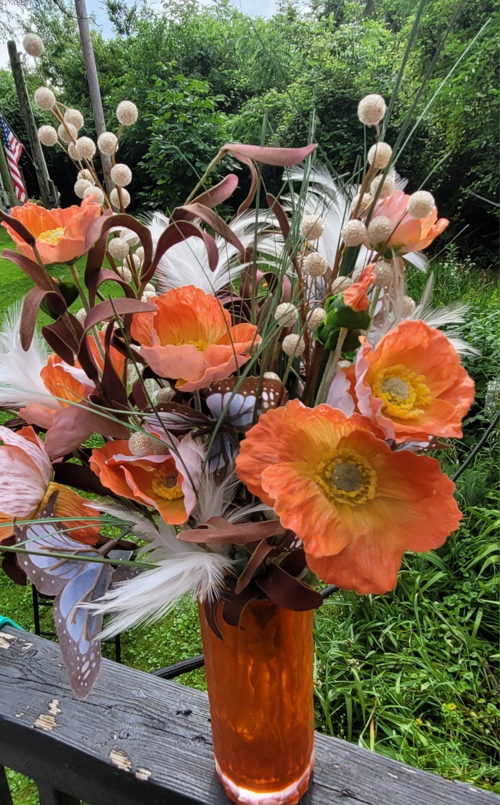 Artificial Poppy Flowers in Orange 8″Vase Butterfly,Feathers much More ,