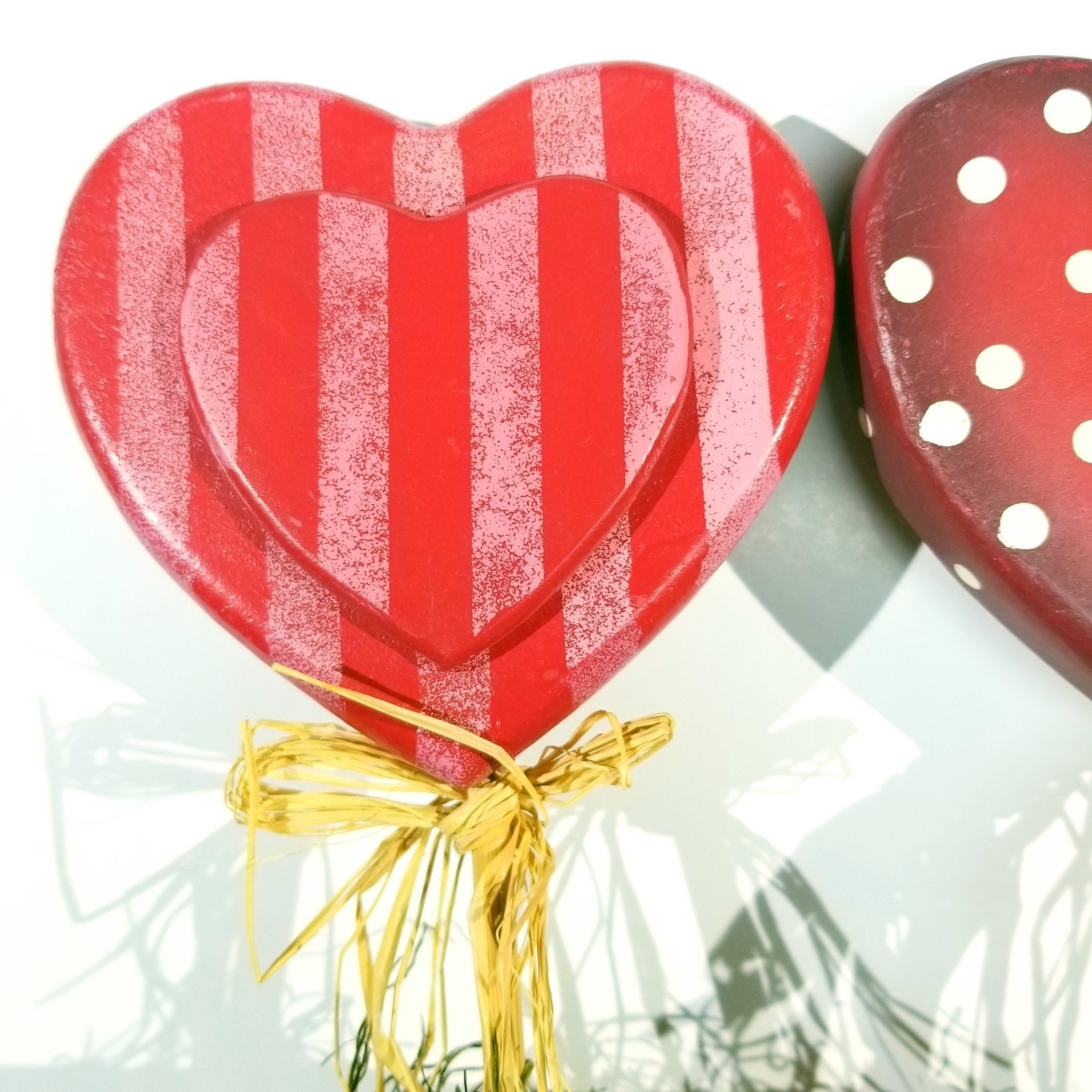 Lot of 3 Heart Topiary Decor Red Pink Polka Dot Striped Pots 9” Valentine Decor