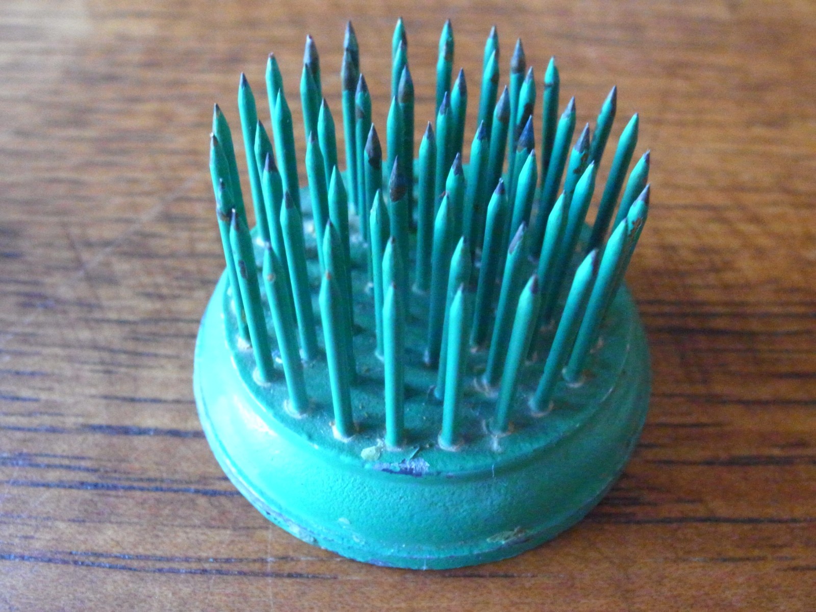2 Vintage Spiky Green Metal Flower Frogs-Perfect Ephemera Display Stands!